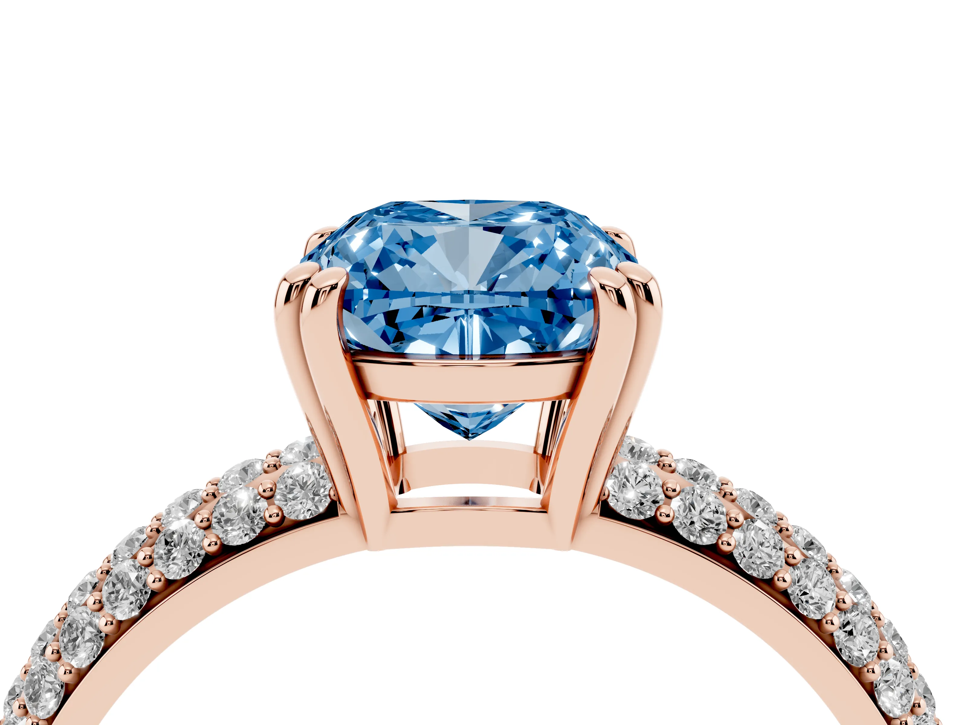 Fancy Blue Cushion Cut Diamond Solitaire Ring Set in Rose gold with Multi-Row Round Pavé Band and Prong Setting