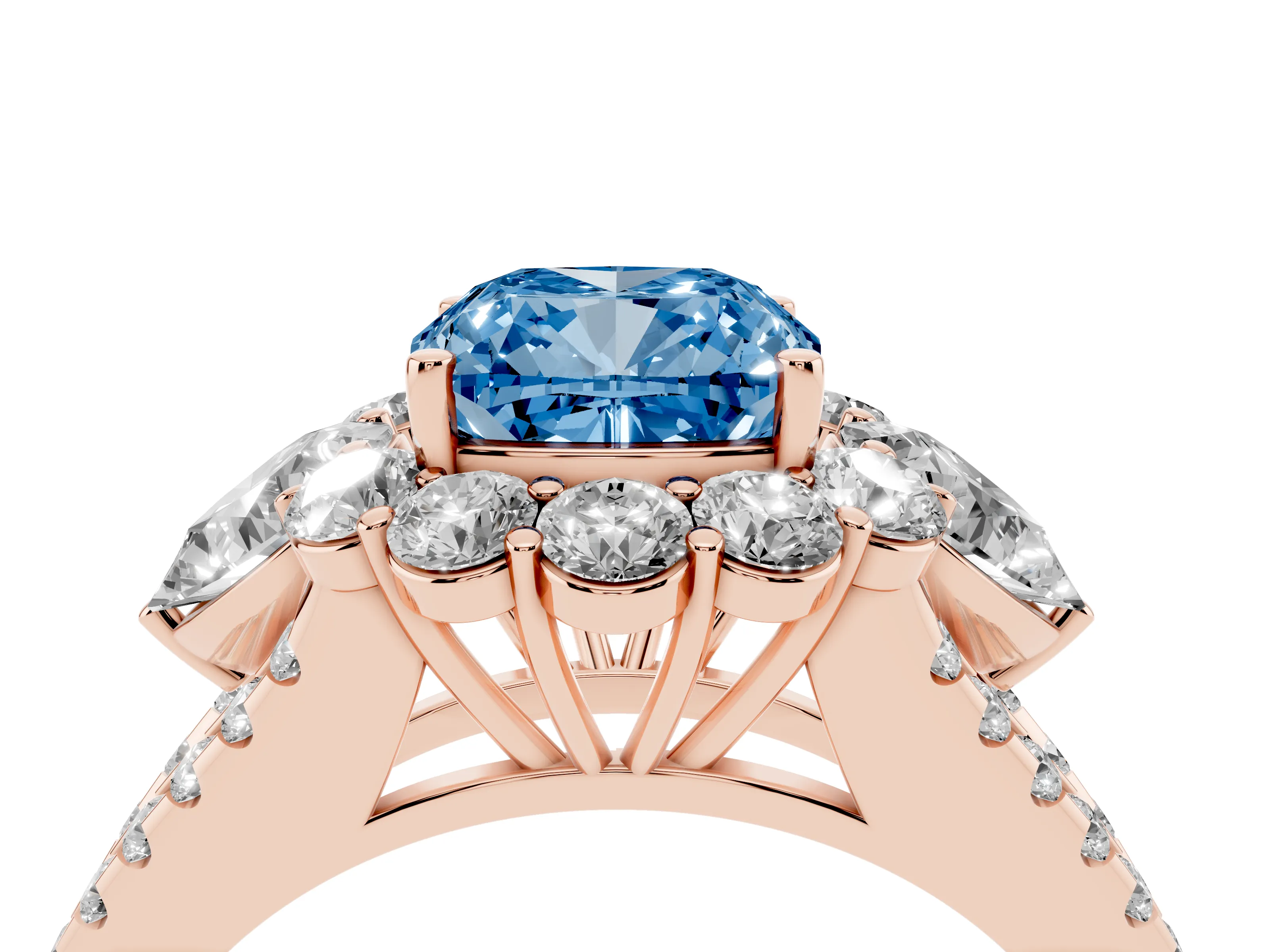 Fancy Blue Cushion Cut Diamond Halo Split Shank Engagement Ring Set in Rose gold with Prong-Held Center Stone