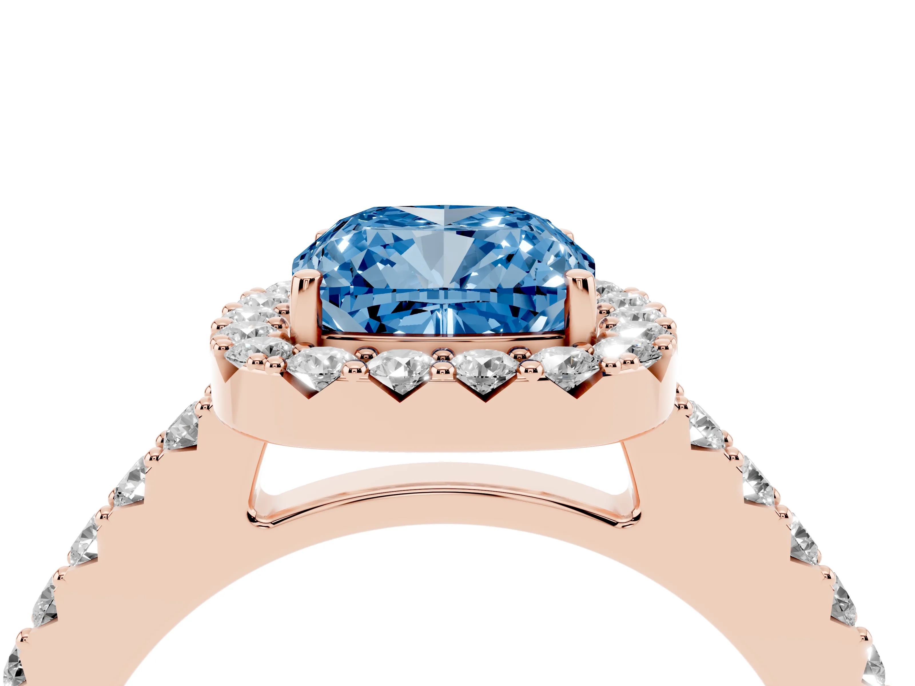 Fancy Blue Cushion Cut Diamond Halo Pavé Solitaire Ring Set in Rose gold with Prong-Set Center Stone