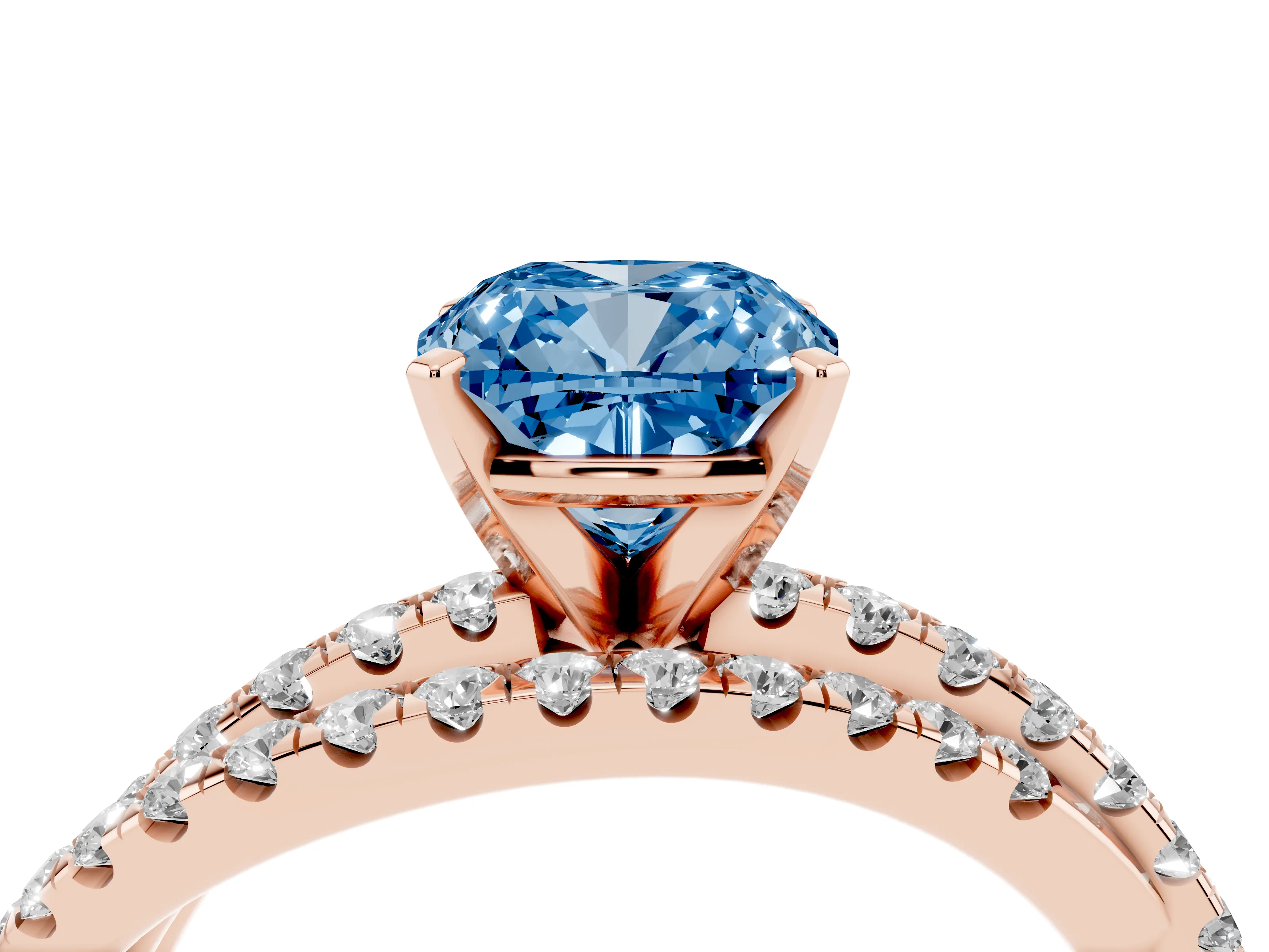 Fancy Blue Cushion Cut Diamond Solitaire Twist Band Ring Set in Rose gold with Pavé Setting and Prong Head