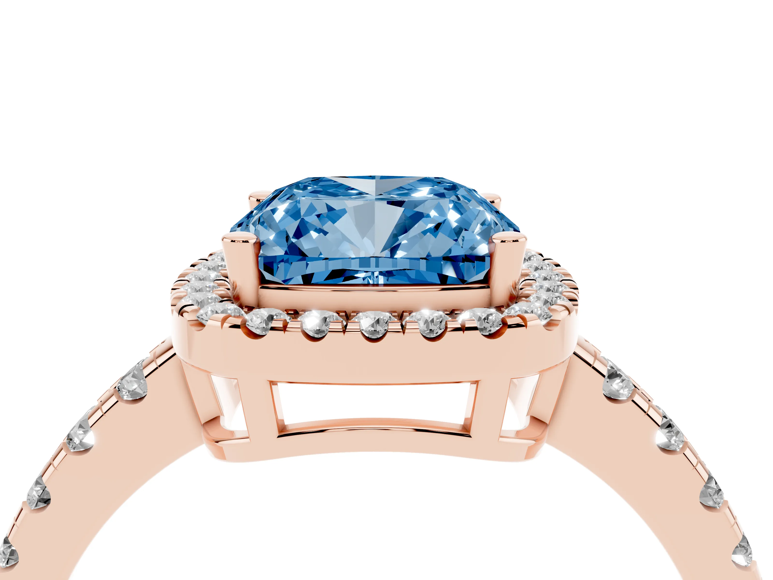 Fancy Blue Cushion Cut Diamond Halo Ring Set in Rose gold with Delicate Pavé Band and Prong Setting