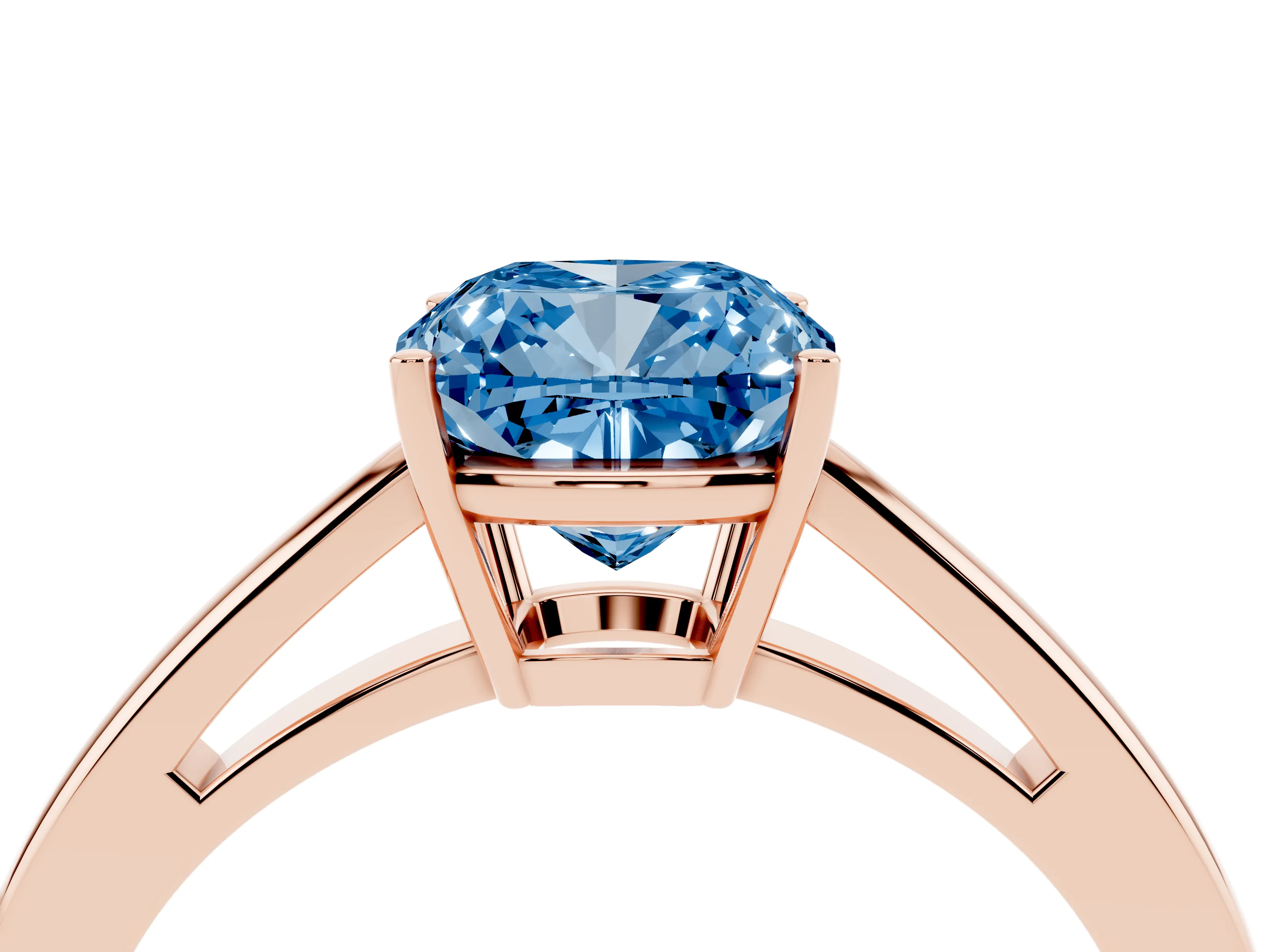 Fancy Blue Cushion Cut Diamond Solitaire Ring Set in Rose gold with Split Shank and Prong Setting