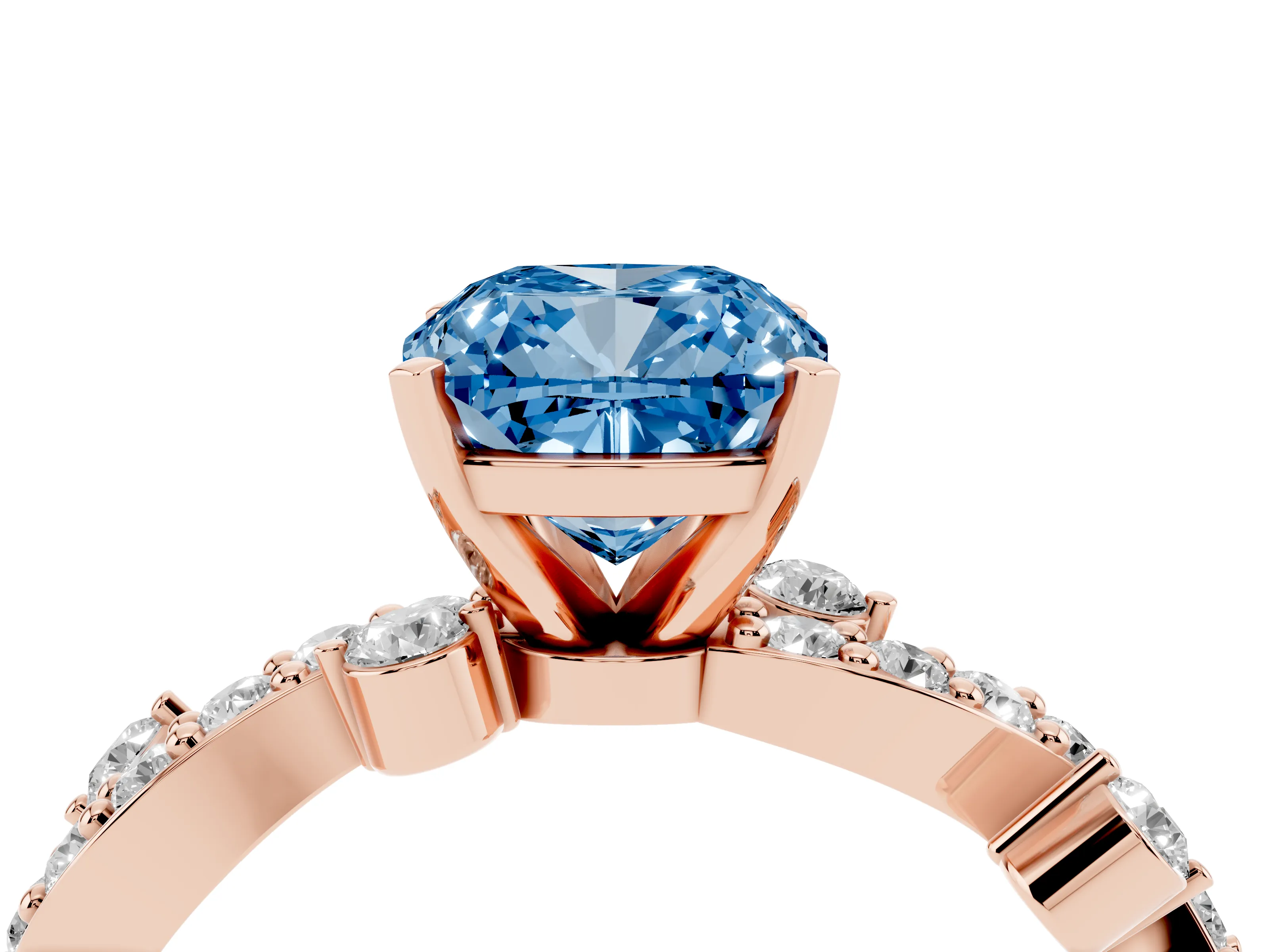 Fancy Blue Cushion Cut Diamond Solitaire Twisted Band Set in Rose gold with Pavé Setting