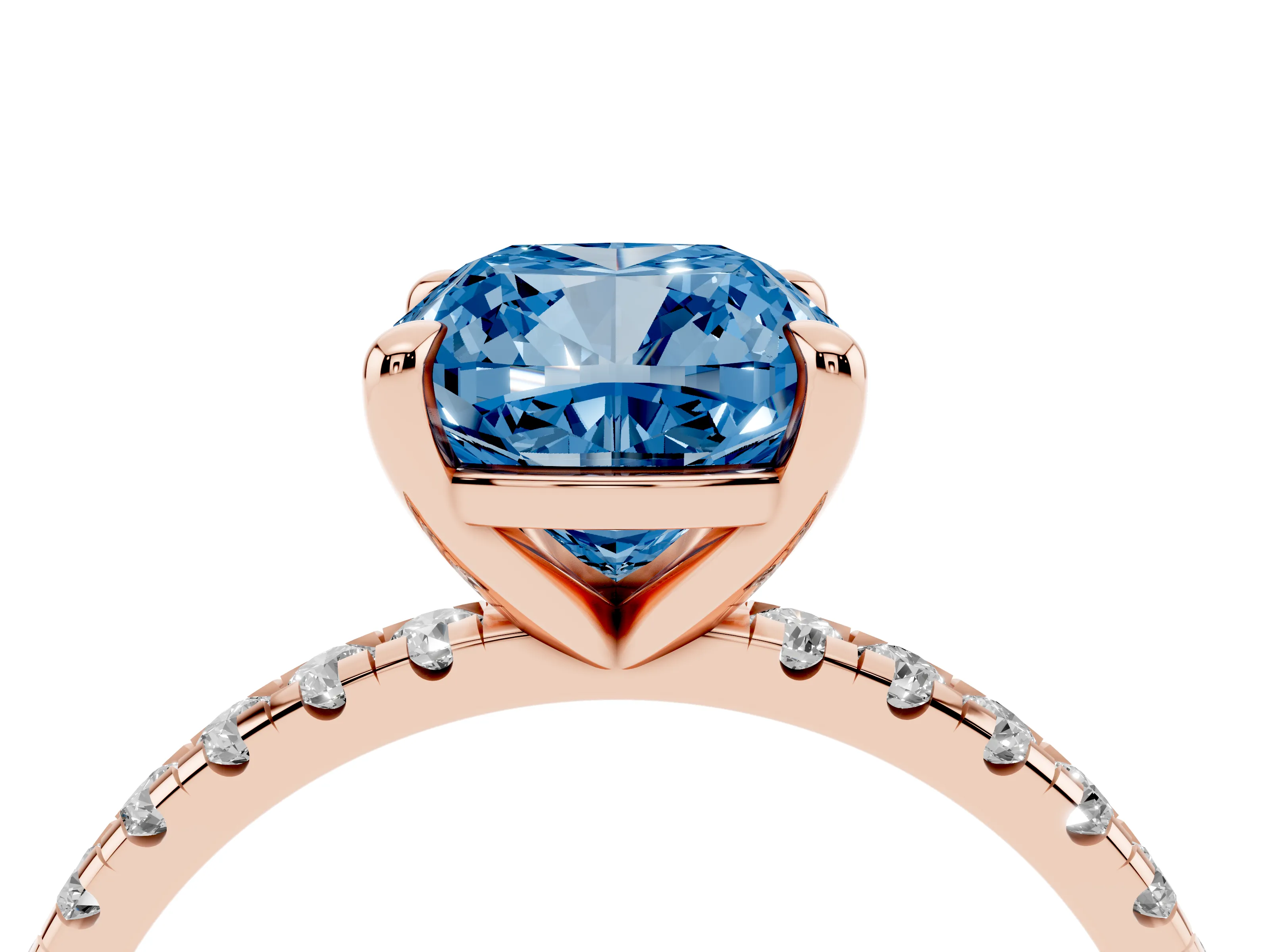 Fancy Blue Cushion Cut Diamond Brilliant Solitaire Ring Set in Rose gold with Pavé Band and Prong Setting