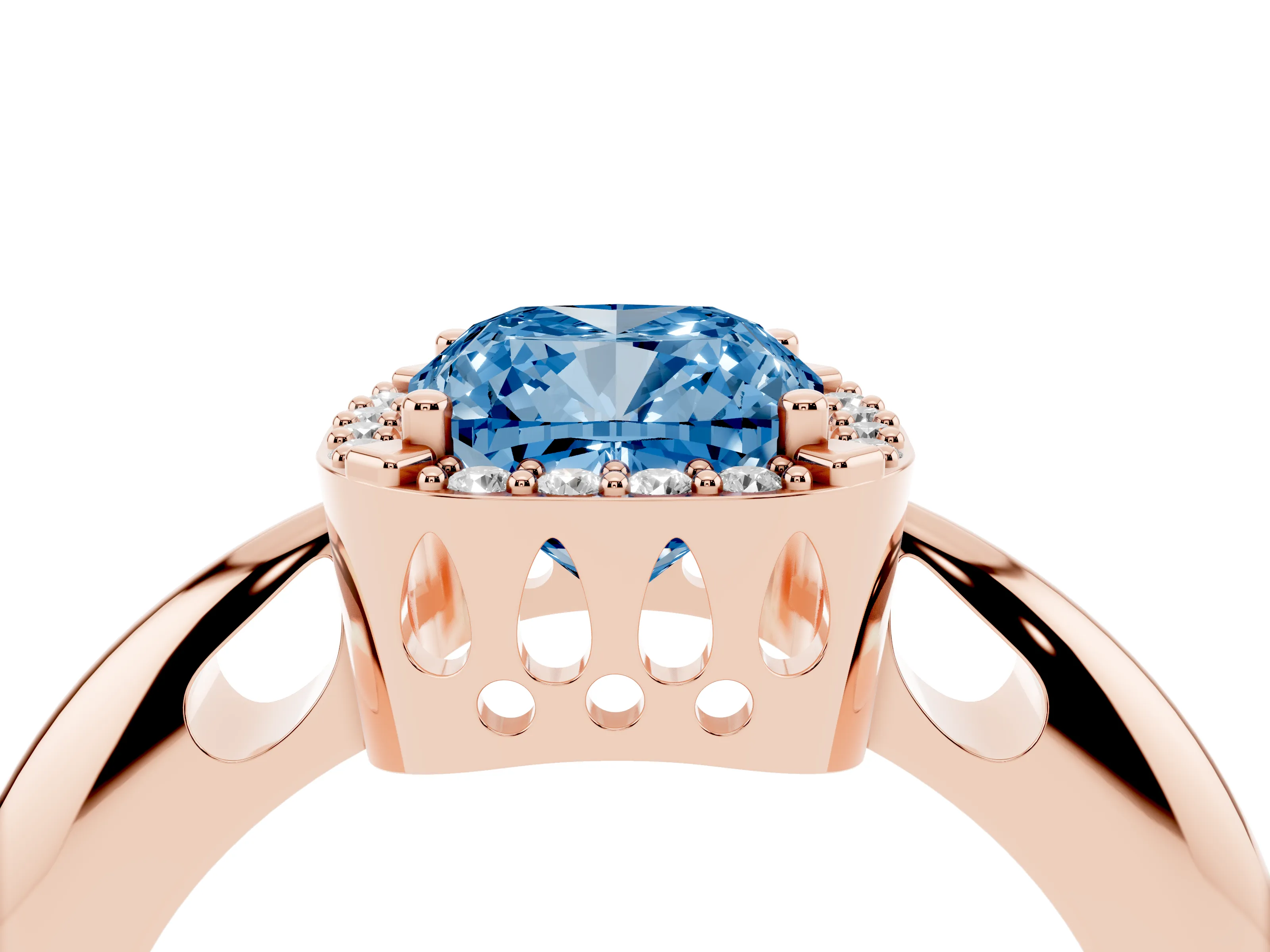 Fancy Blue Cushion Cut Diamond Halo Engagement Ring Set in Rose gold with Plain Split Shank and Prong Setting
