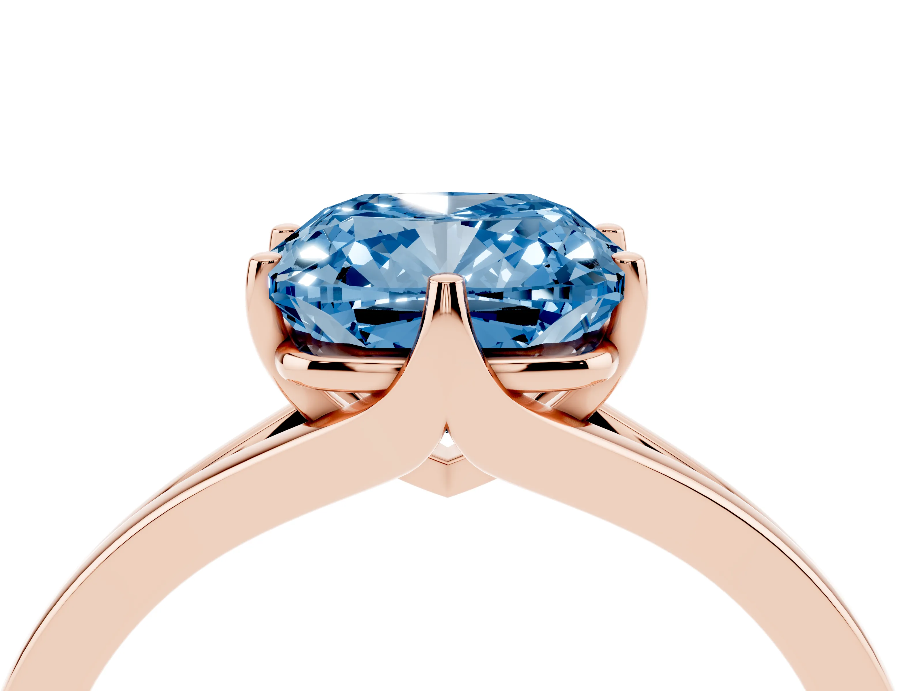 Fancy Blue Cushion Cut Diamond Solitaire Ring Set in Rose gold with Polished Tapered Band and Prong Setting