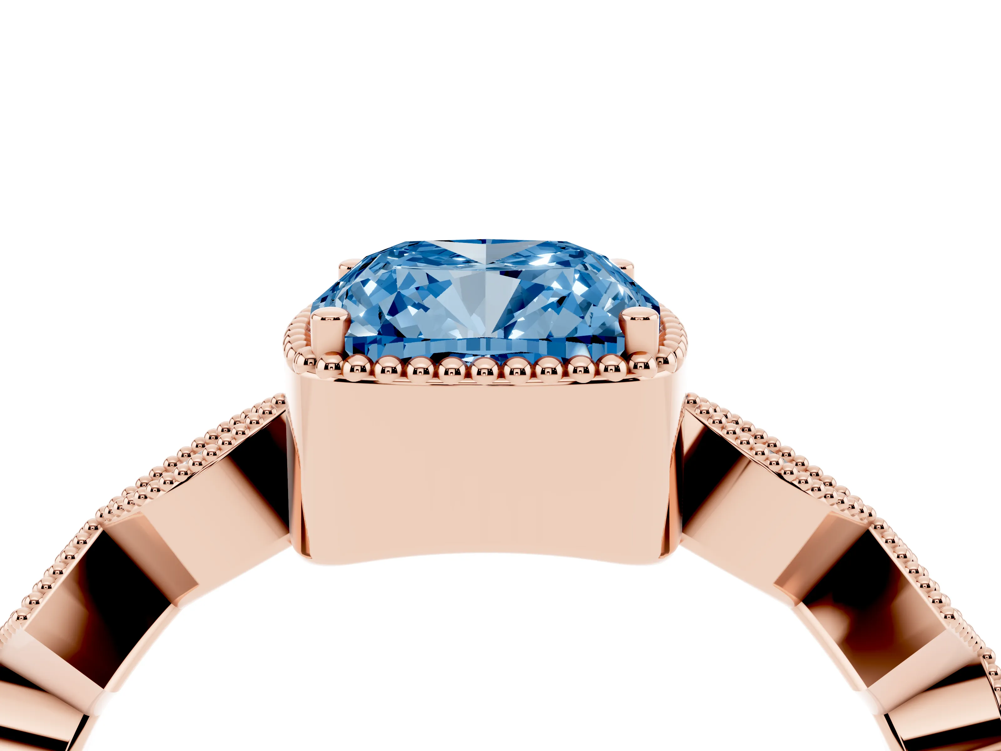 Fancy Blue Cushion Cut Diamond Milgrain Marquise Twist Band Ring Set in Rose gold with Prong Setting