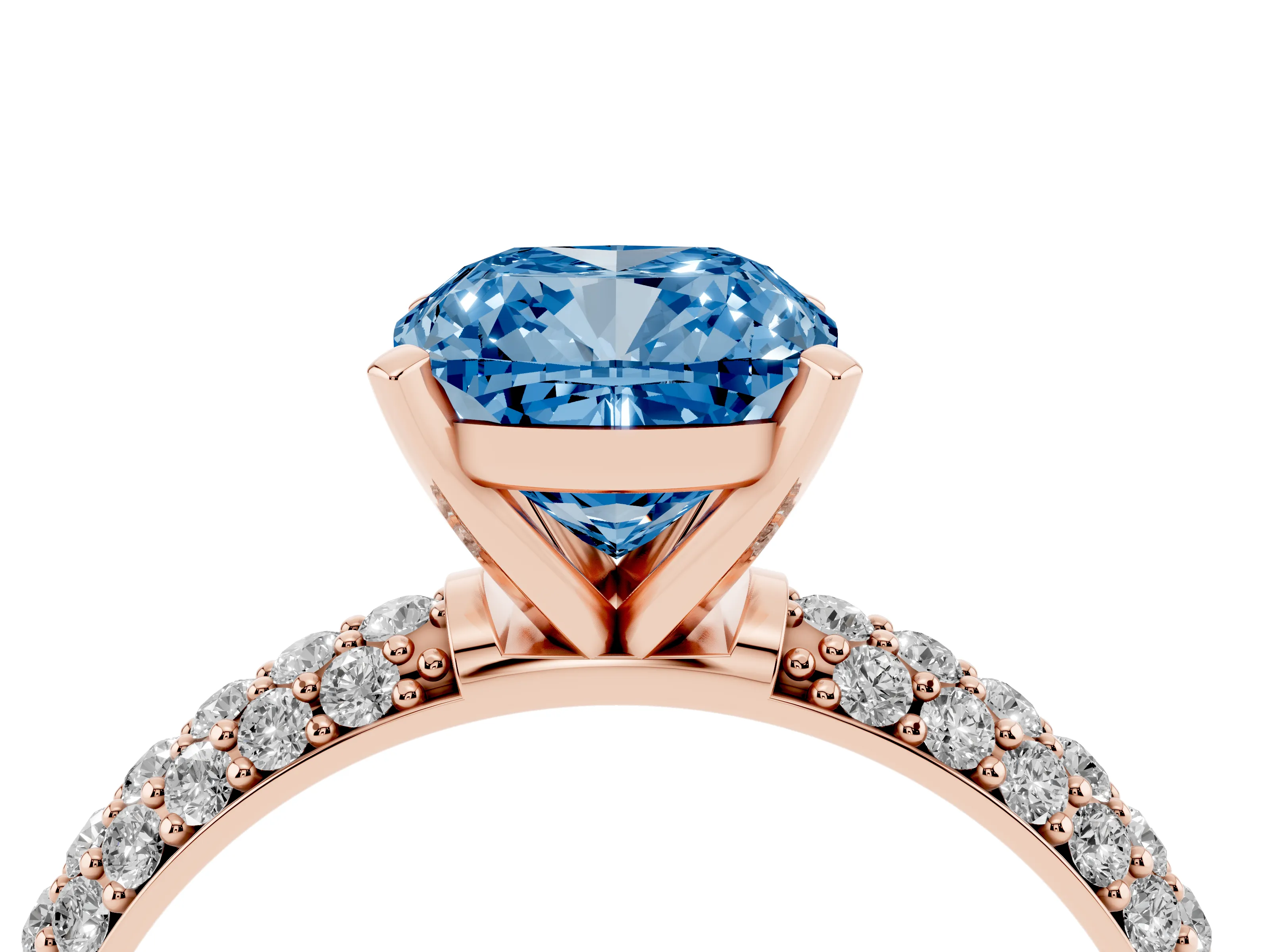 Fancy Blue Cushion Cut Diamond Solitaire Ring Set in Rose gold with Prong Setting and Pavé-Set Band