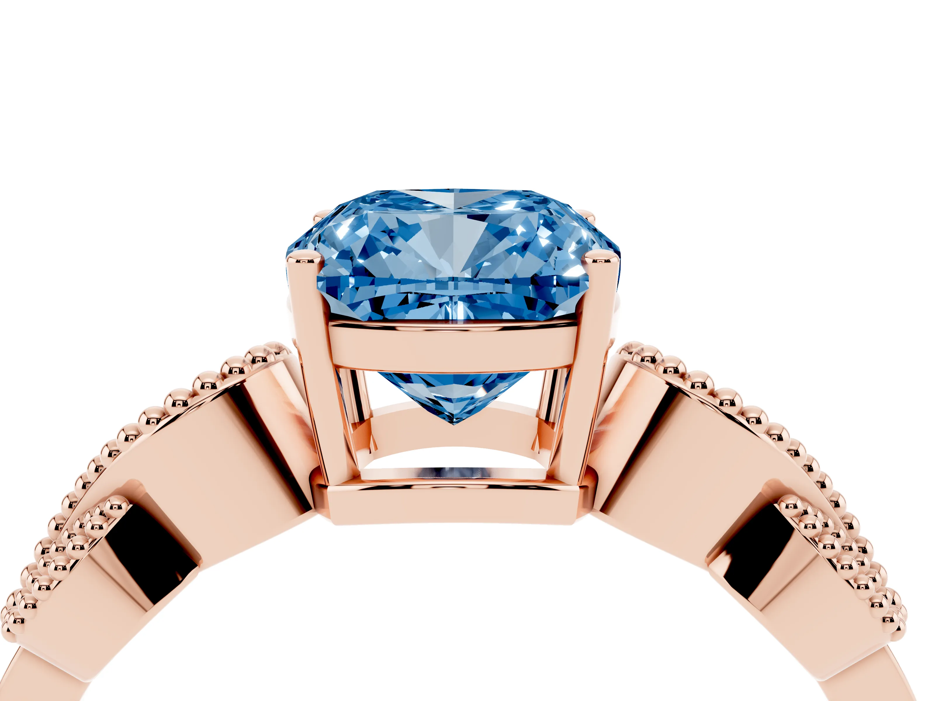 Fancy Blue Cushion Cut Diamond Milgrain Leaf Band Solitaire Ring Set in Rose gold with Accent Stones and Prong Setting