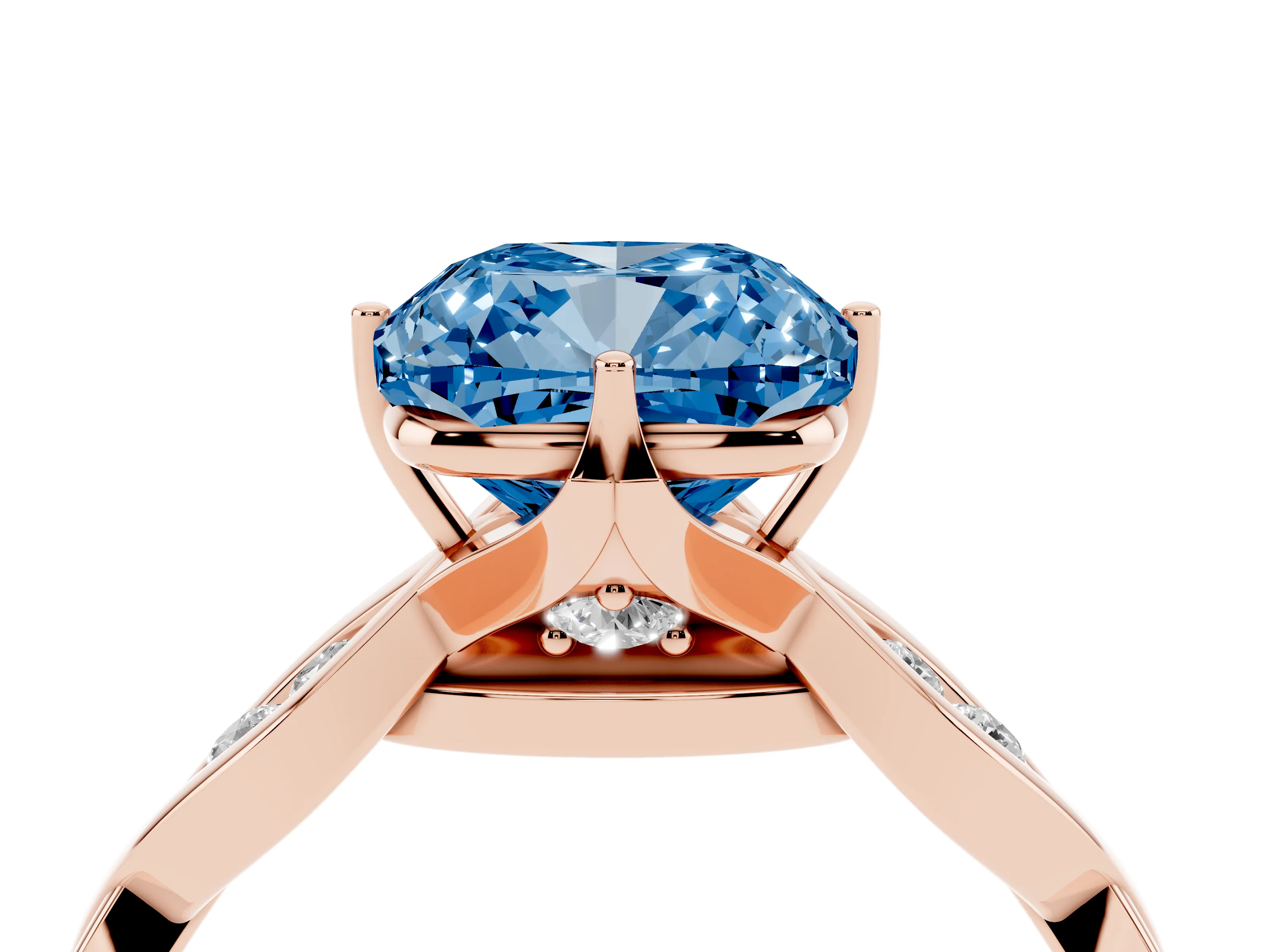 Fancy Blue Cushion Cut Diamond Twist Band Solitaire Ring Set in Rose gold with Leaf Prong Setting and Accent Stones