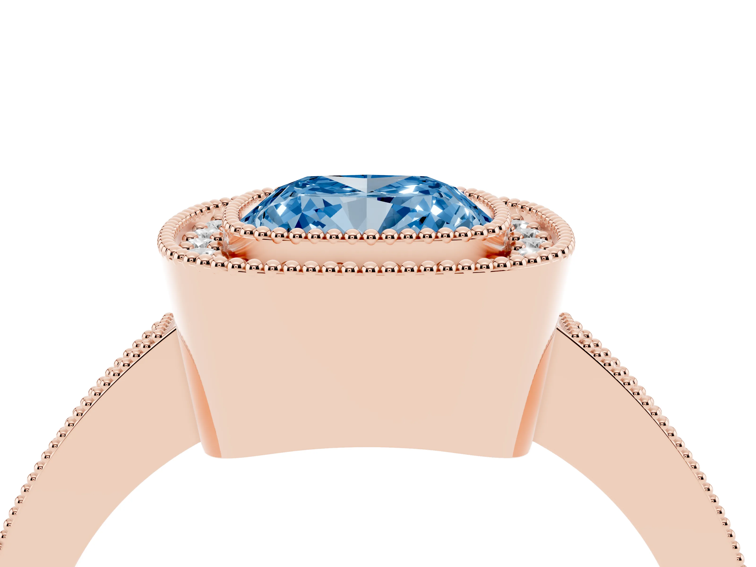 Fancy Blue Cushion Cut Diamond Halo Engagement Ring Set in Rose gold with Pavé Band and Round Halo Stones