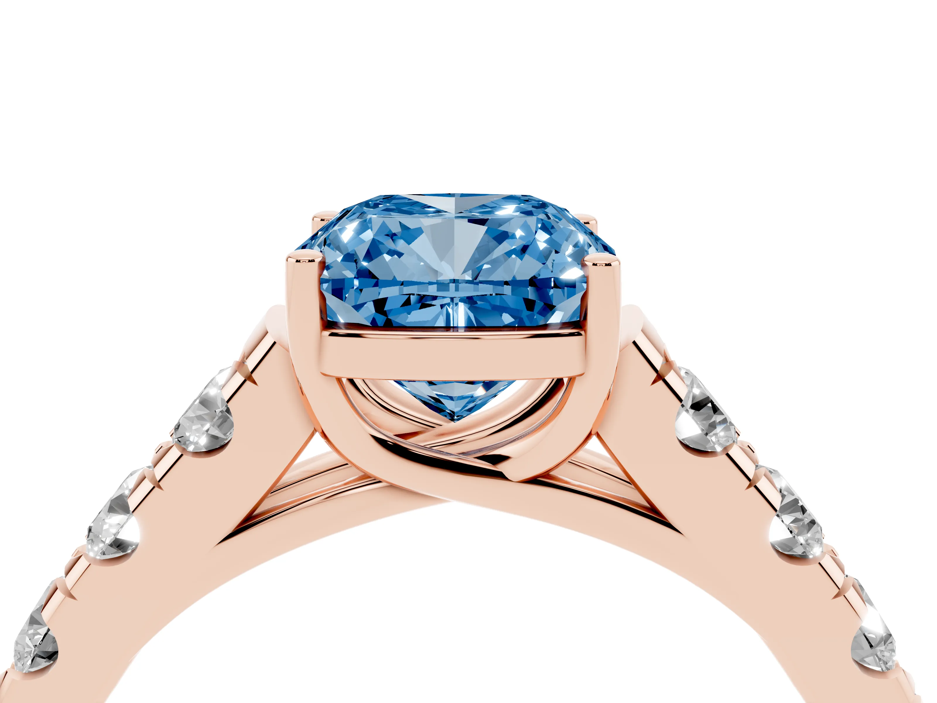 Fancy Blue Cushion Cut Diamond Solitaire Ring Set in Rose gold with Cut-Down Micro Pavé Band and Prong Setting