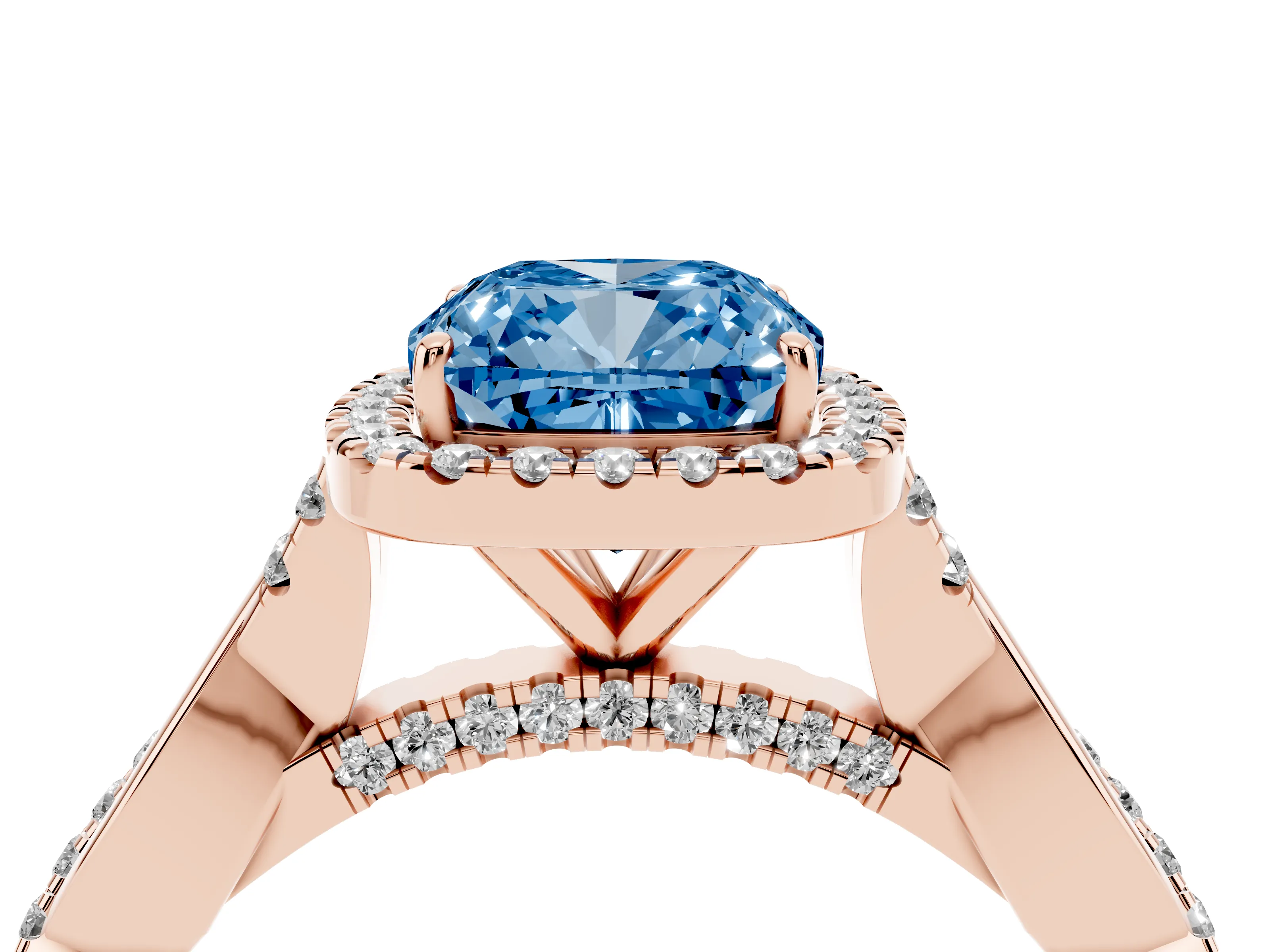 Fancy Blue Cushion Cut Diamond Halo Twist Band Solitaire Ring Set in Rose gold with Prong Setting