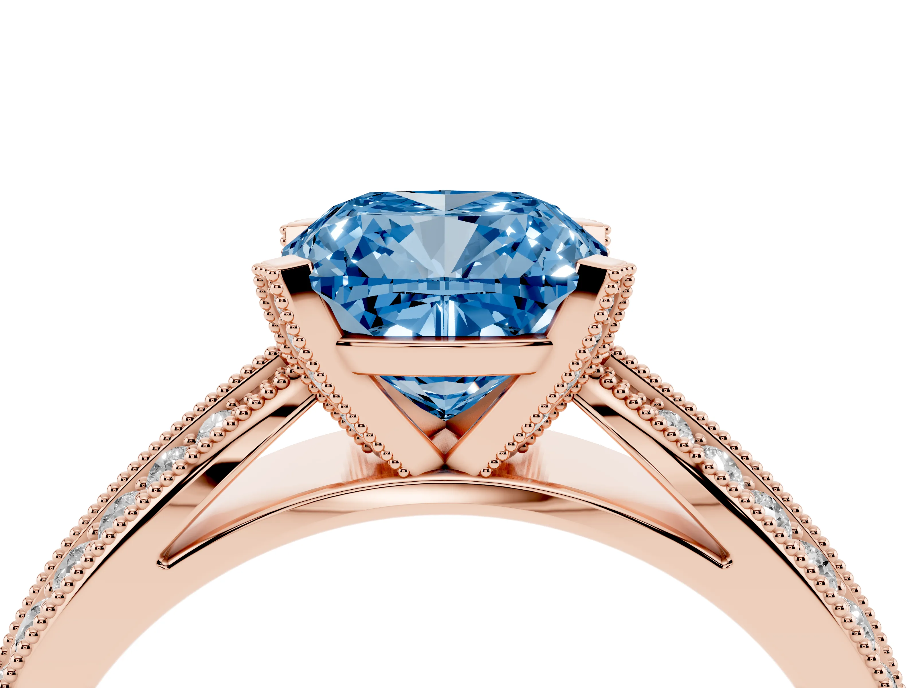 Fancy Blue Cushion Cut Diamond Solitaire Ring Set in Rose gold with Milgrain Double Row Round Pavé Band