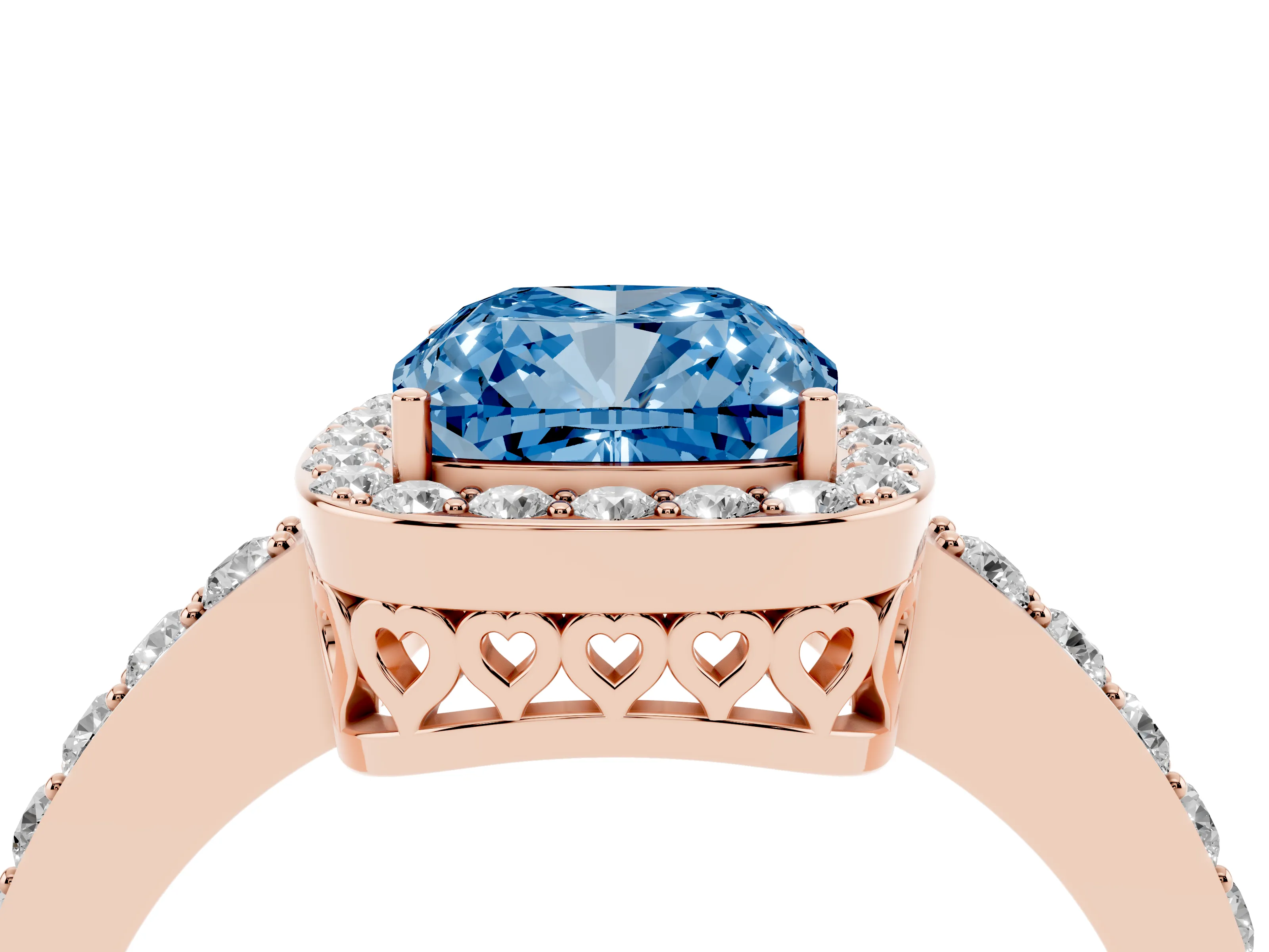 Fancy Blue Cushion Cut Diamond Halo Ring Set in Rose gold with Pavé-Setting Band and Open Prong Center