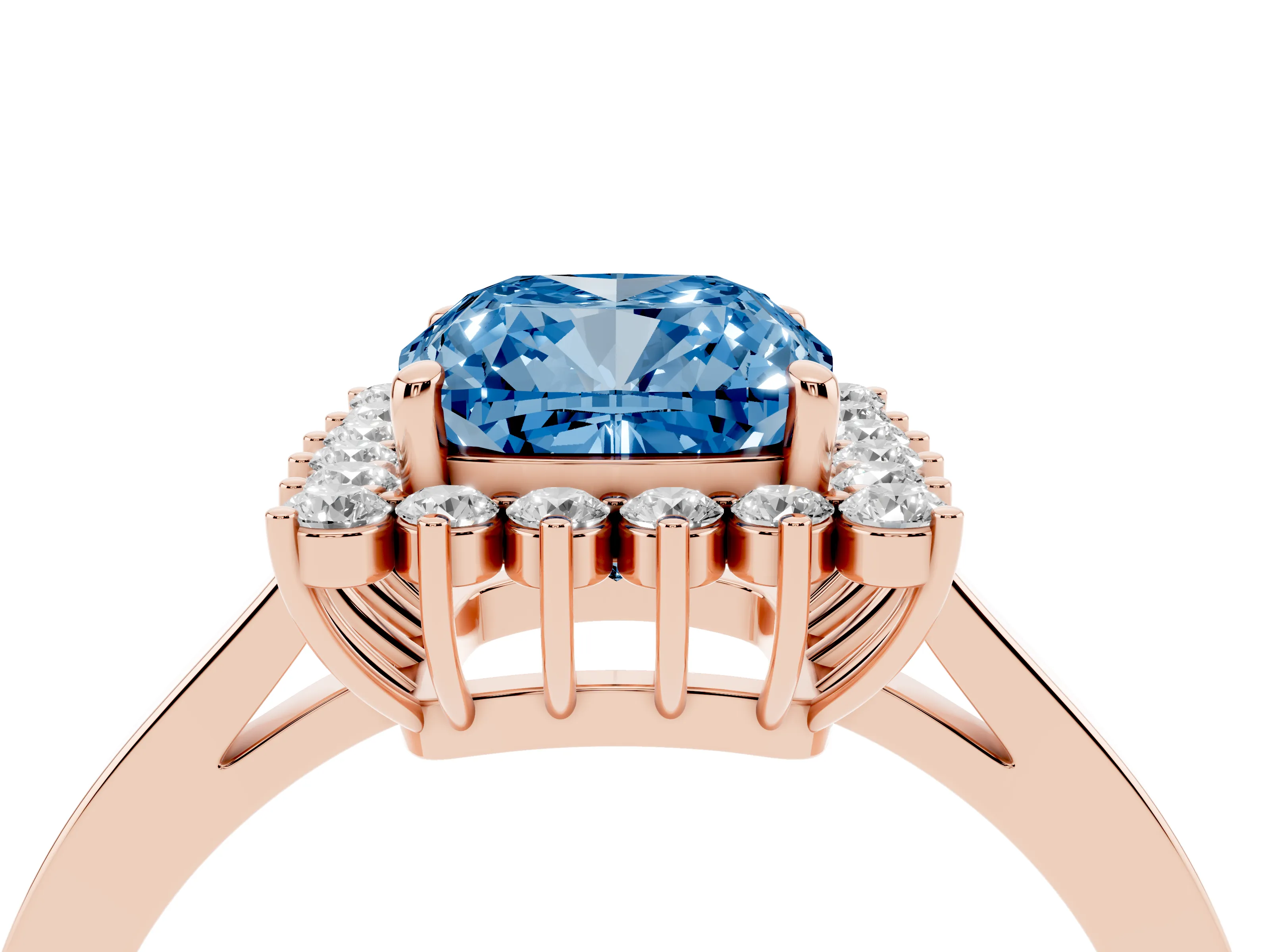 Fancy Blue Cushion Cut Diamond Halo Ring Set in Rose gold with Round Halo and Smooth Solitaire Band