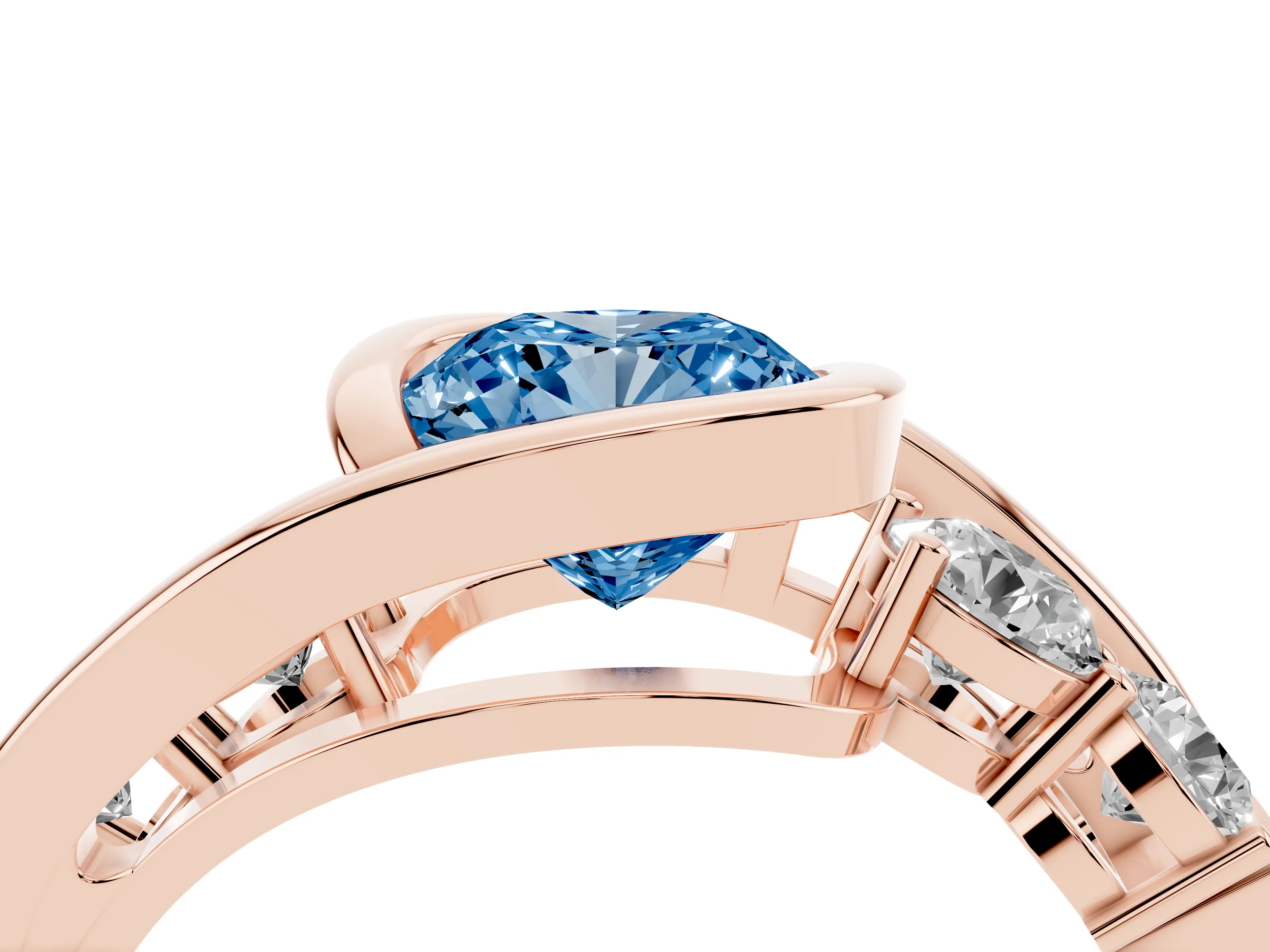 Fancy Blue Cushion Cut Diamond Bezel Bypass Ring Set in Rose gold with Round Accents