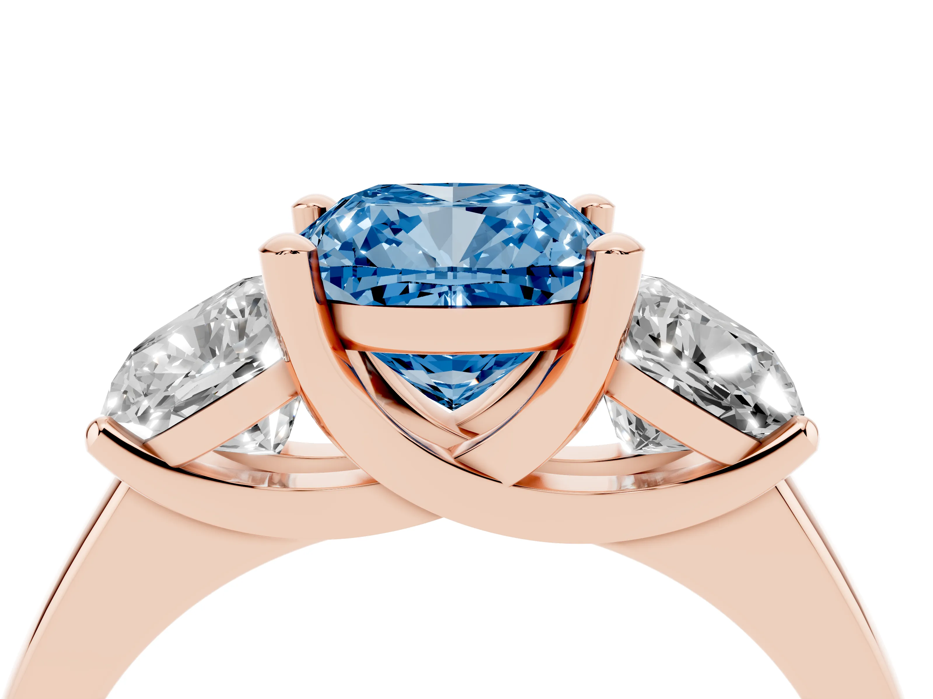 Fancy Blue Cushion Cut Diamond Three-Stone Ring Set in Rose gold with Classic Prong Setting and Plain Band