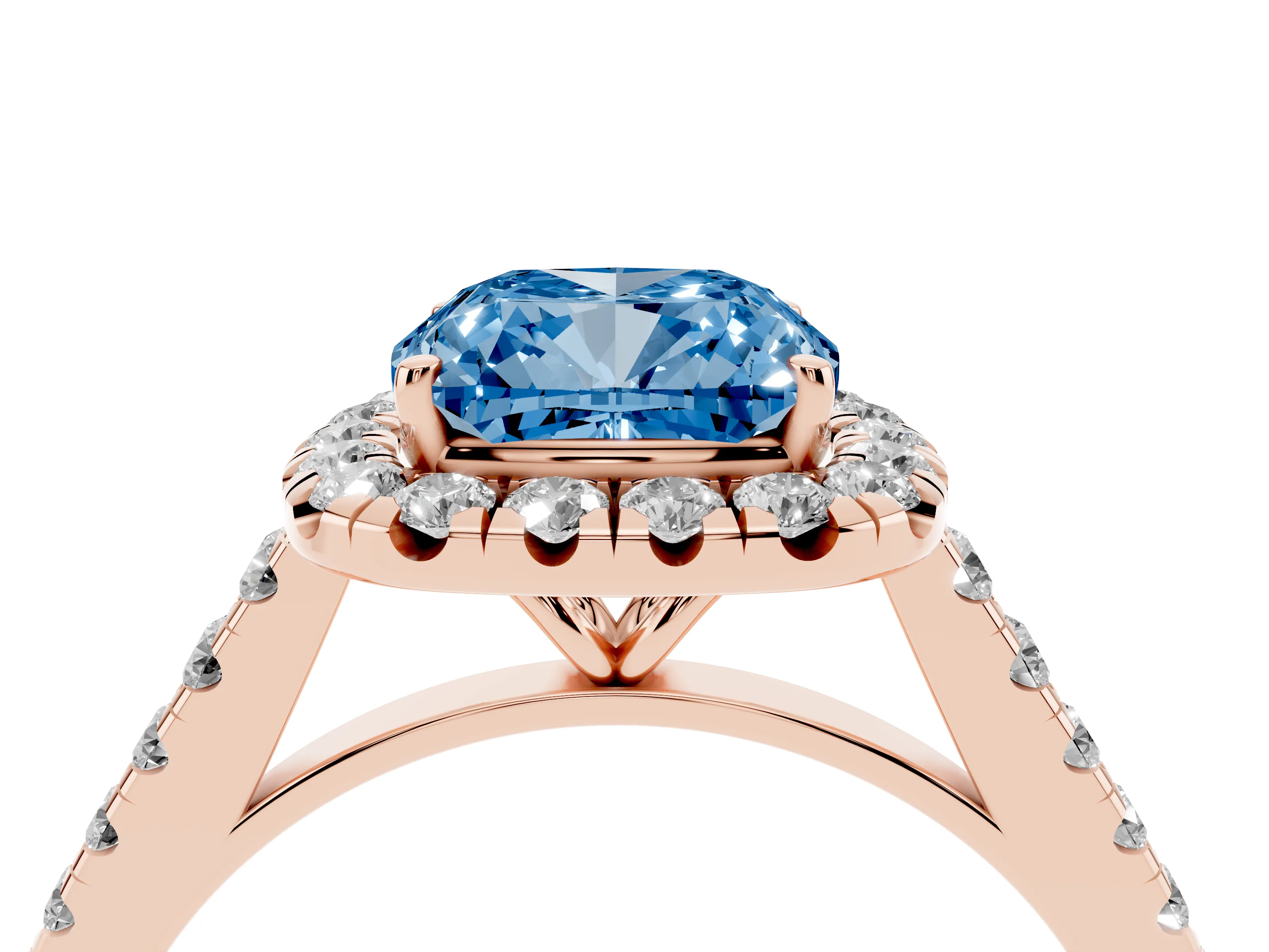 Fancy Blue Cushion Cut Diamond Halo Pavé Engagement Ring Set in Rose gold with Prong Setting