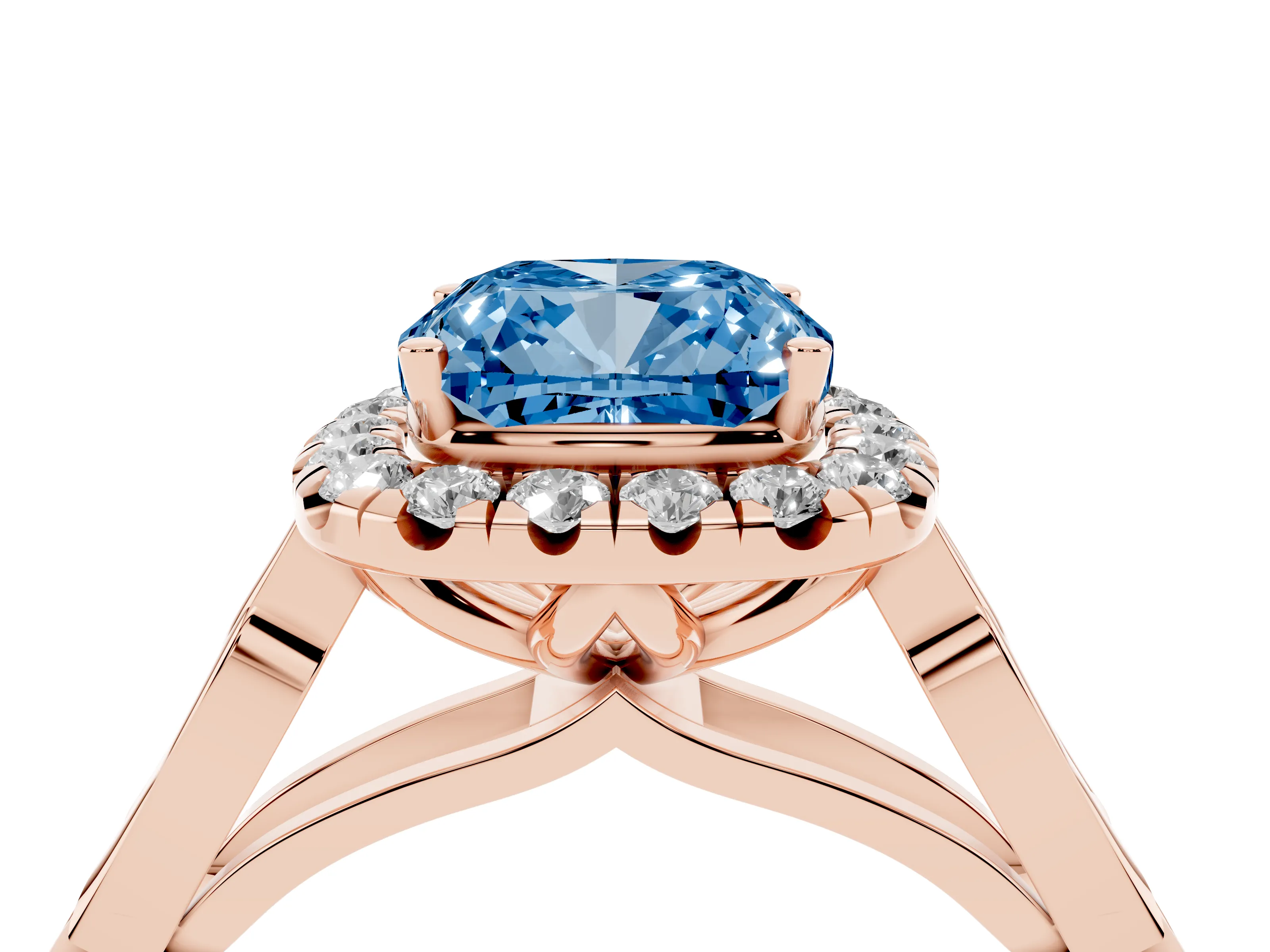 Fancy Blue Cushion Cut Diamond Halo Engagement Ring Set in Rose gold with Filigree Band and Prong-Set Center