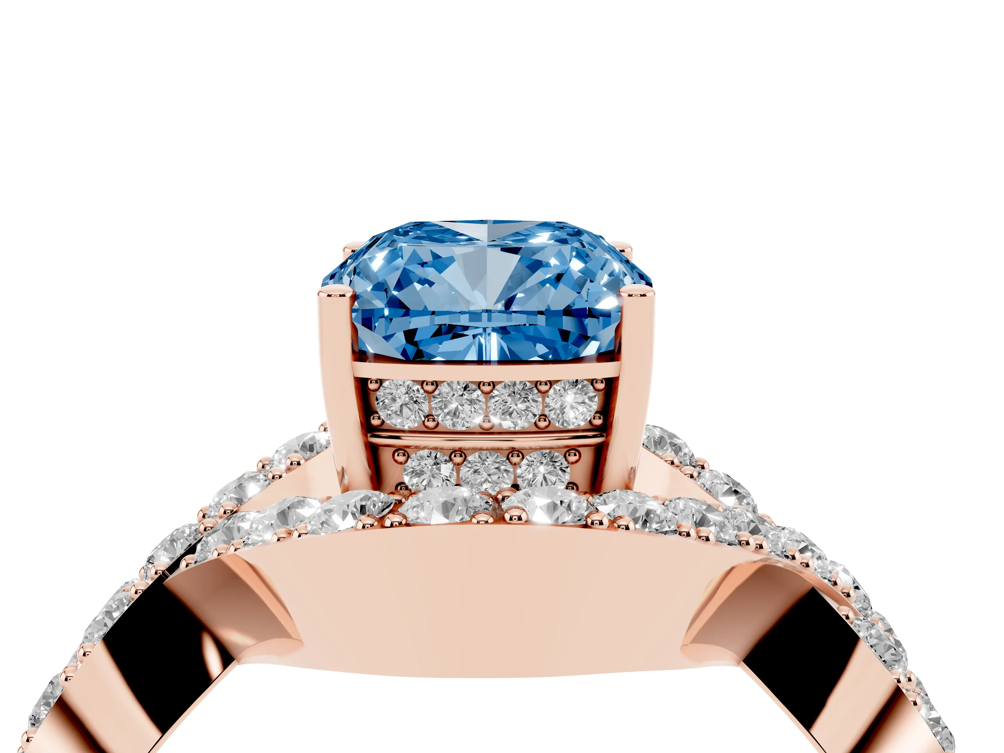Fancy Blue Cushion Cut Diamond Solitaire Twist Band Pavé Engagement Ring Set in Rose gold