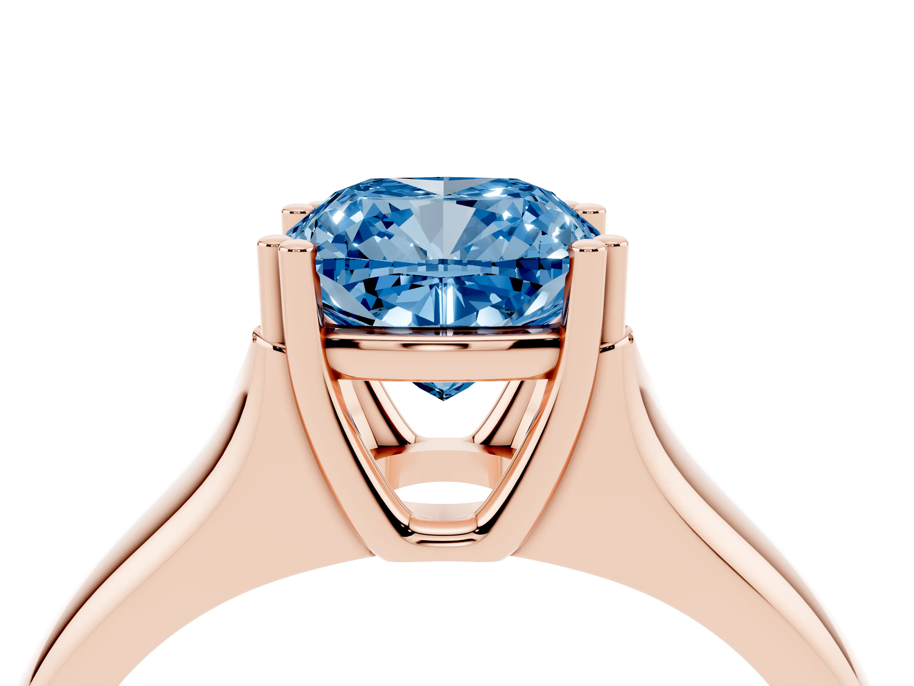 Fancy Blue Cushion Cut Diamond Solitaire Ring Set in Rose gold with Wide Band and Prong Setting
