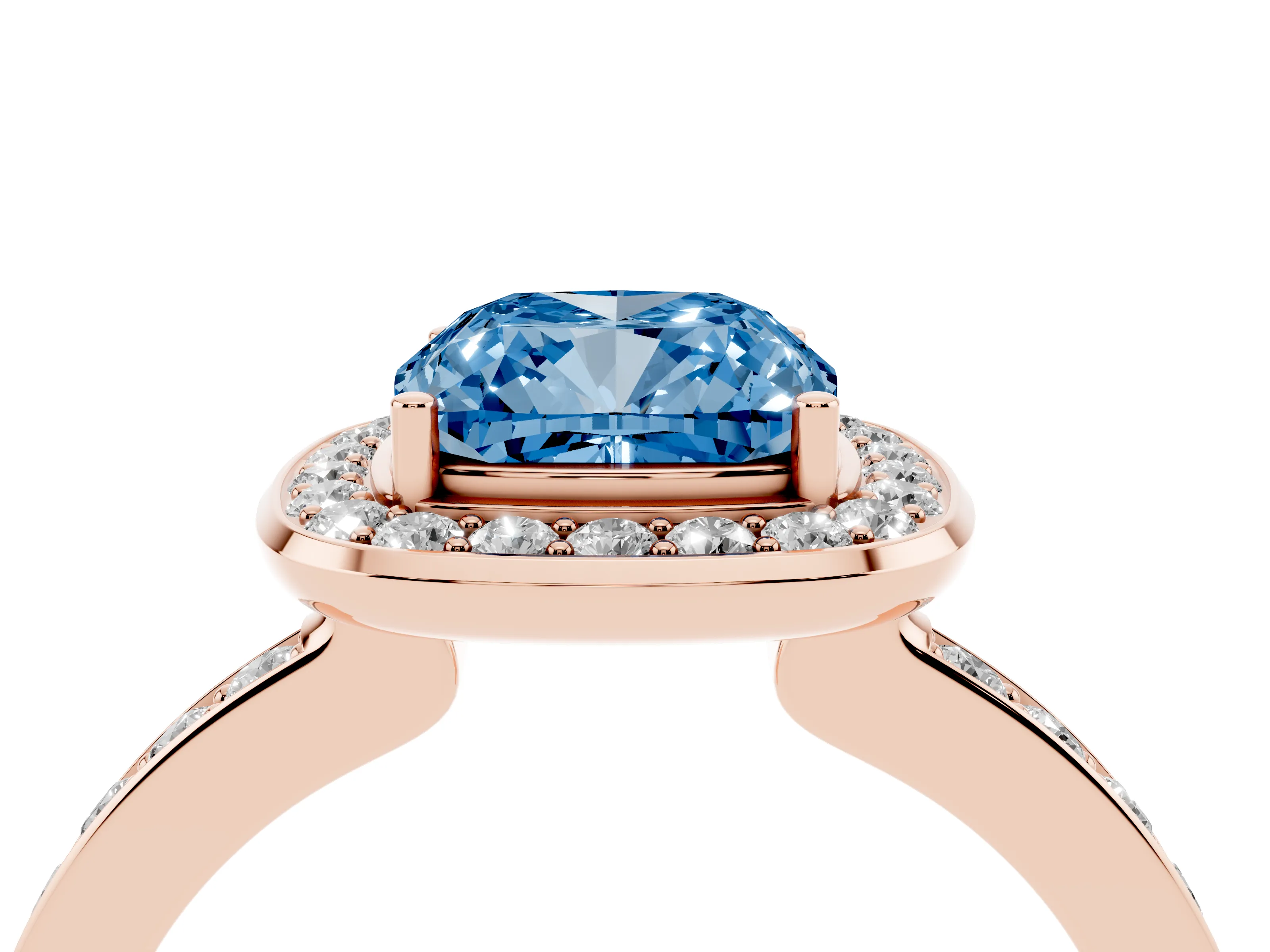 Fancy Blue Cushion Cut Diamond Halo Ring Set in Rose gold with Bezel Frame and Pavé Band