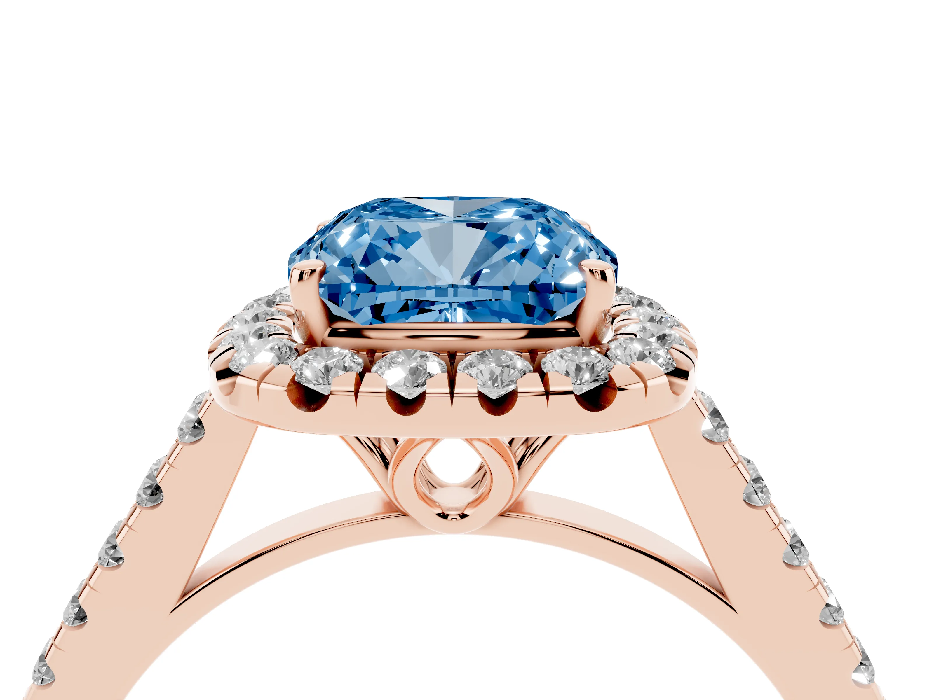 Fancy Blue Cushion Cut Diamond Pavé Halo Engagement Ring Set in Rose gold with Pavé Band and Prong Setting