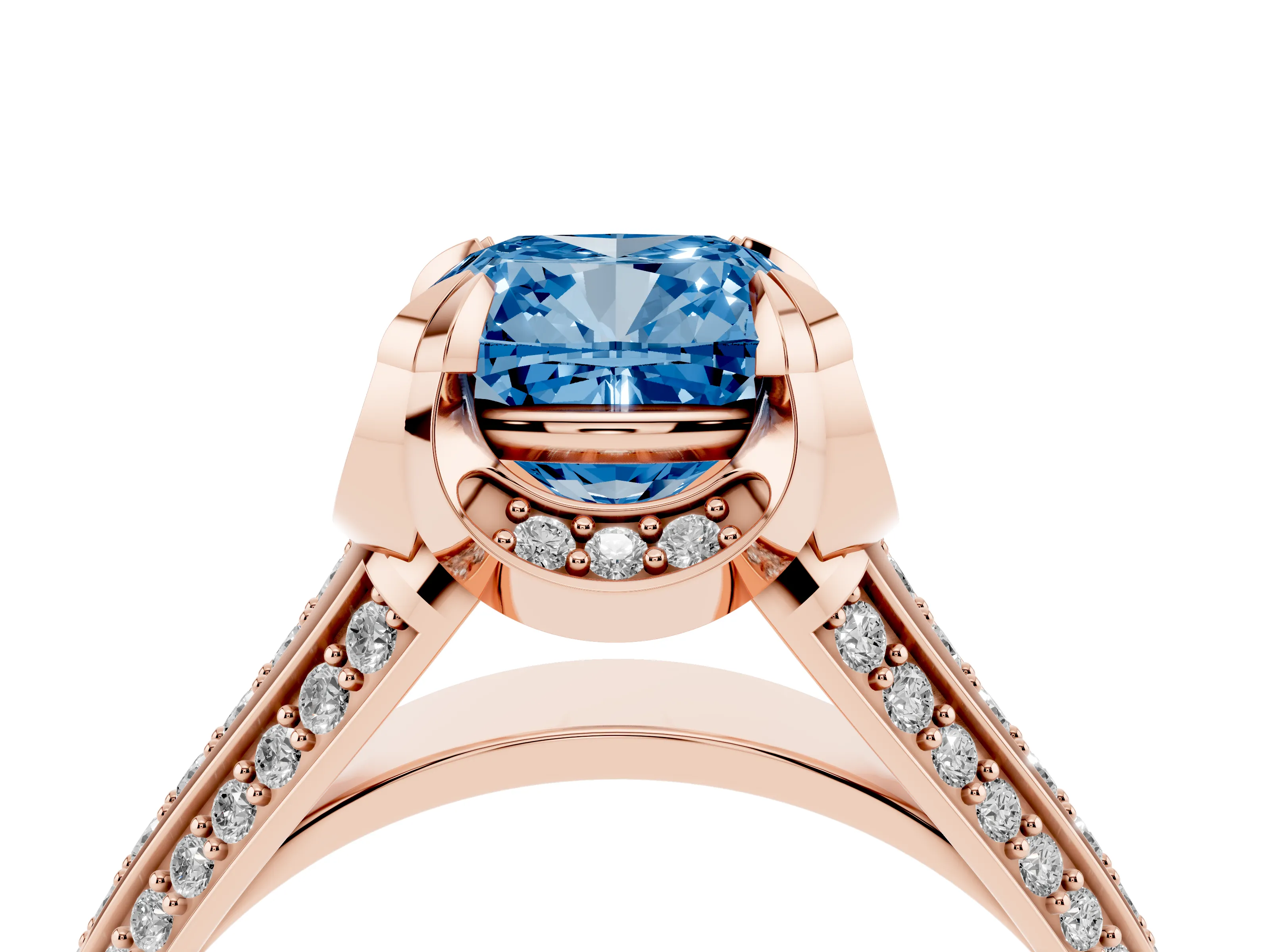 Fancy Blue Cushion Cut Diamond Pavé Split Shank Solitaire Ring Set in Rose gold with Prong Setting