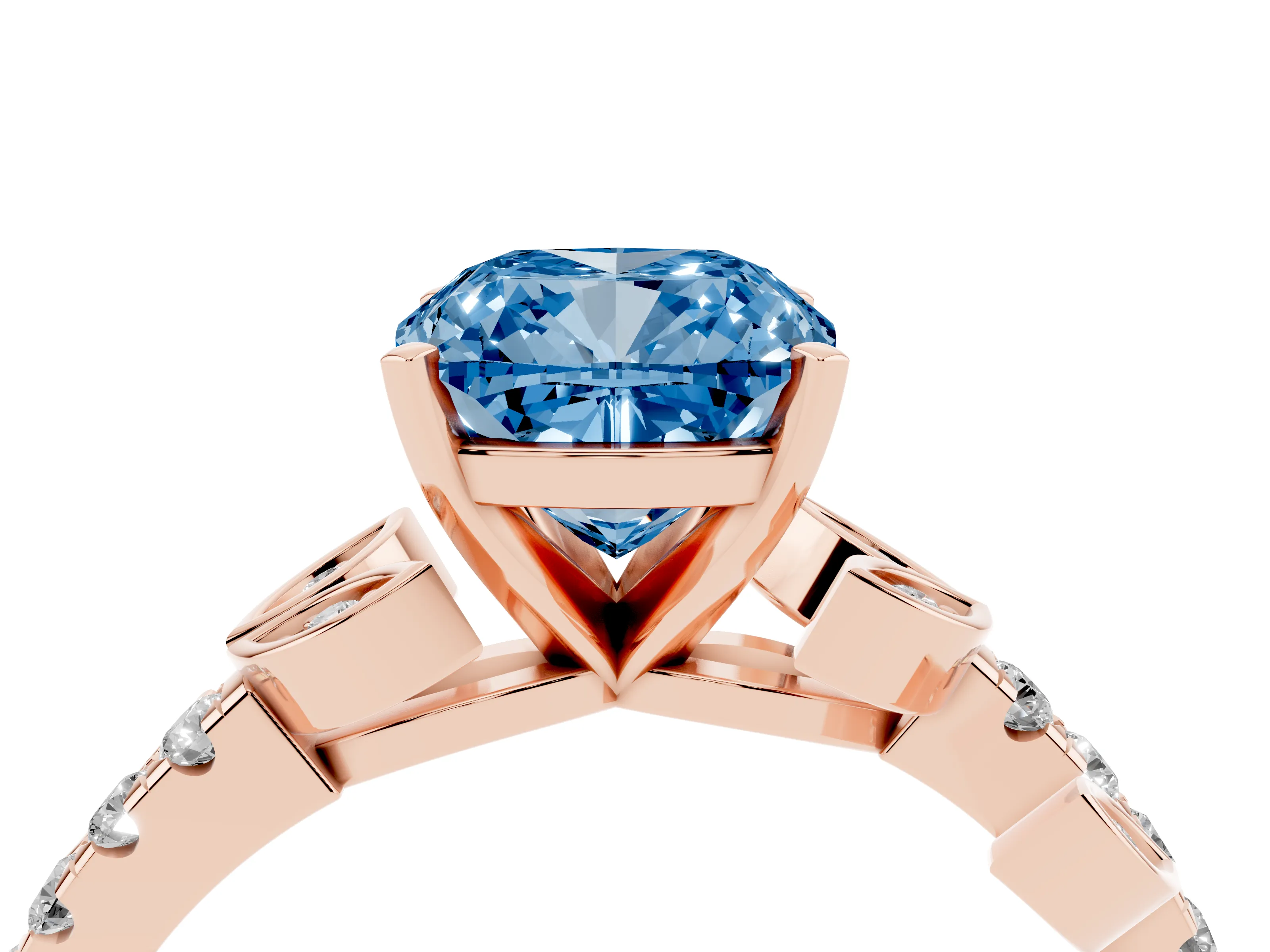 Fancy Blue Cushion Cut Diamond Solitaire Leaf-Inspired Ring Set in Rose gold with Pavé Band and Prong Setting