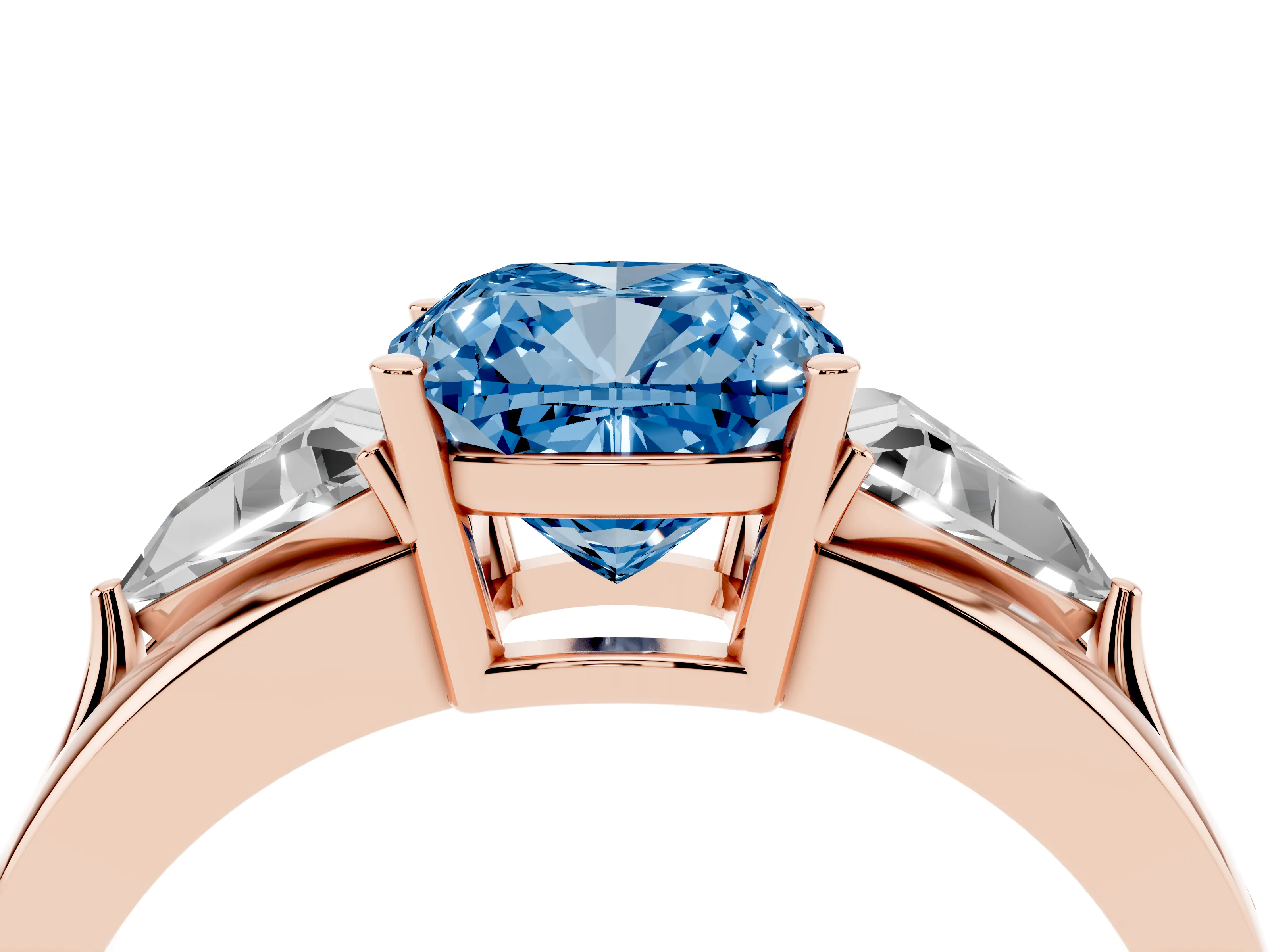 Fancy Blue Cushion Cut Diamond Three-Stone Ring Set in Rose gold with Trillion Side Stones and Split Shank