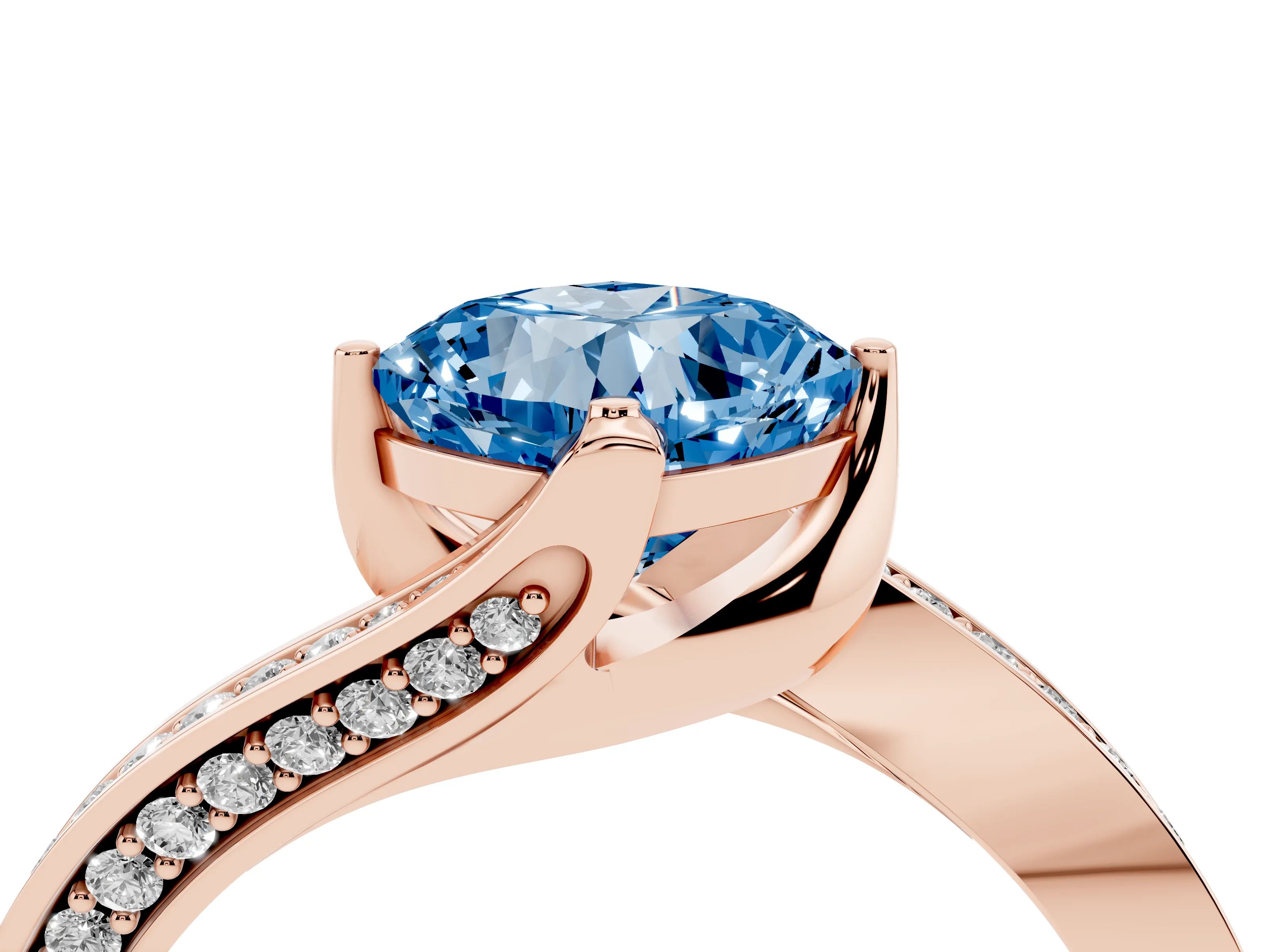 Fancy Blue Cushion Cut Diamond Solitaire Ring Set in Rose gold with Intertwined Pavé Twist Band