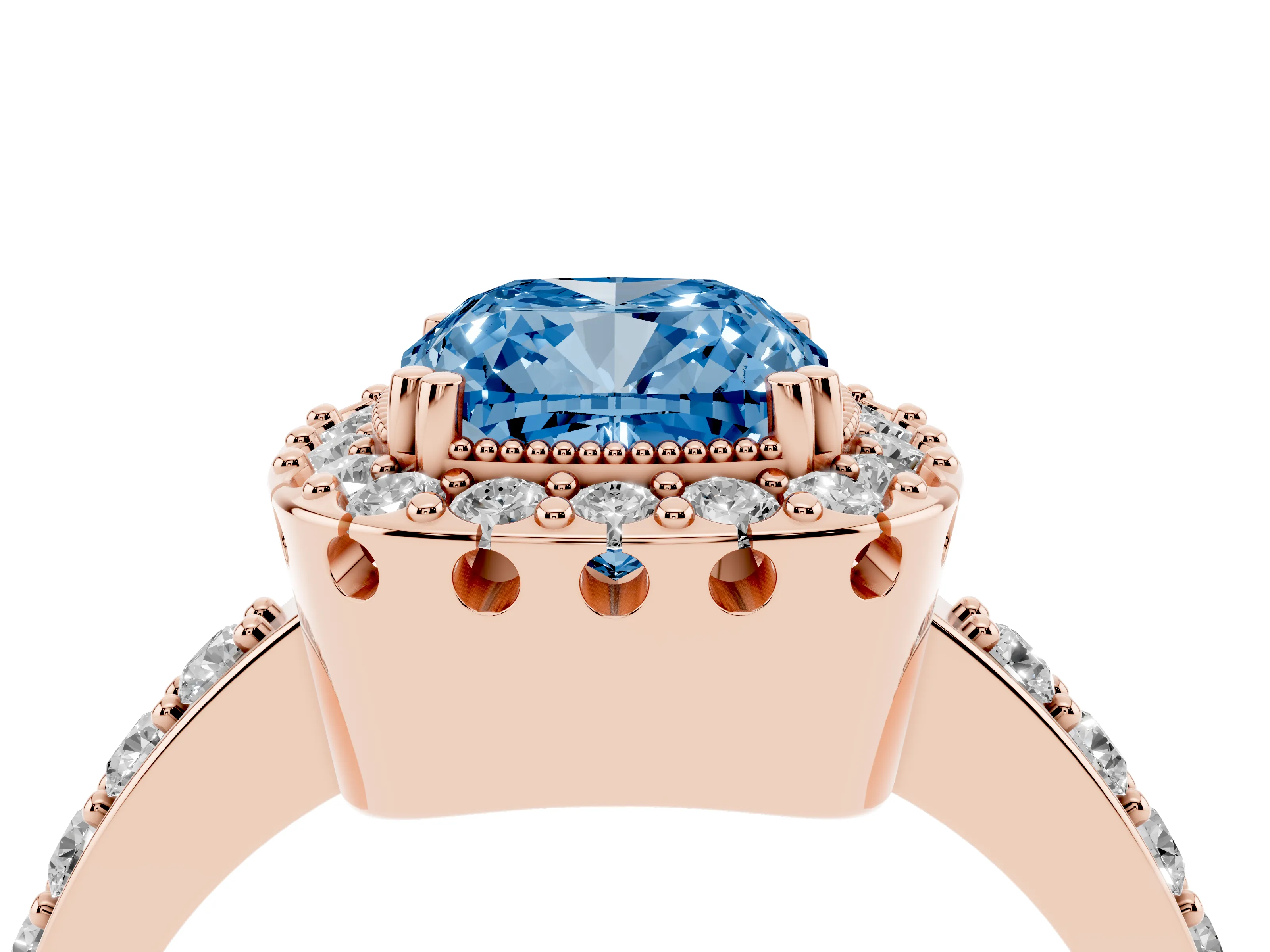 Fancy Blue Cushion Cut Diamond Halo Ring Set in Rose gold with Pavé Shank and Prong Setting