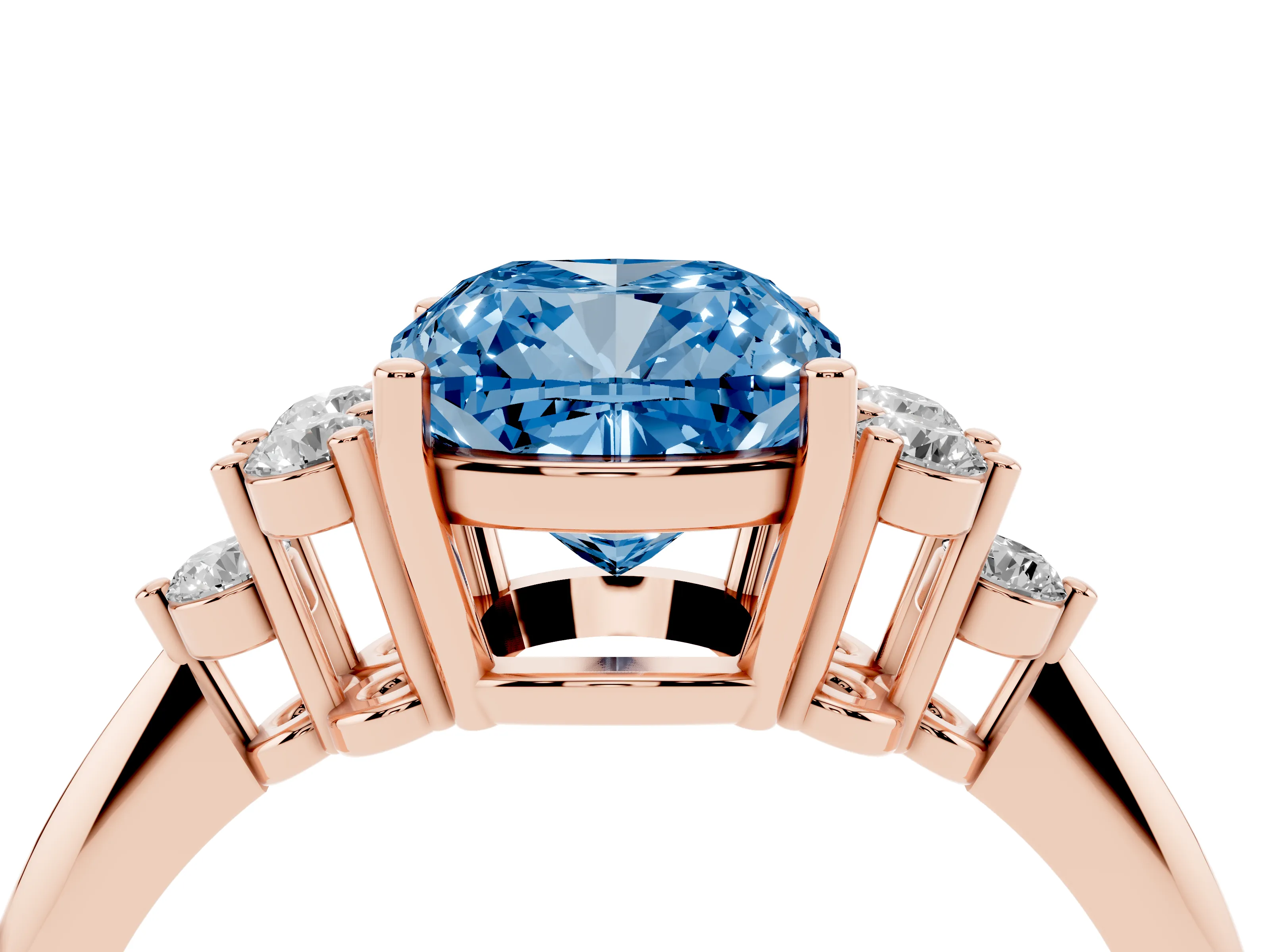 Fancy Blue Cushion Cut Diamond Cluster Ring Set in Rose gold with Plain Band and Prong Setting