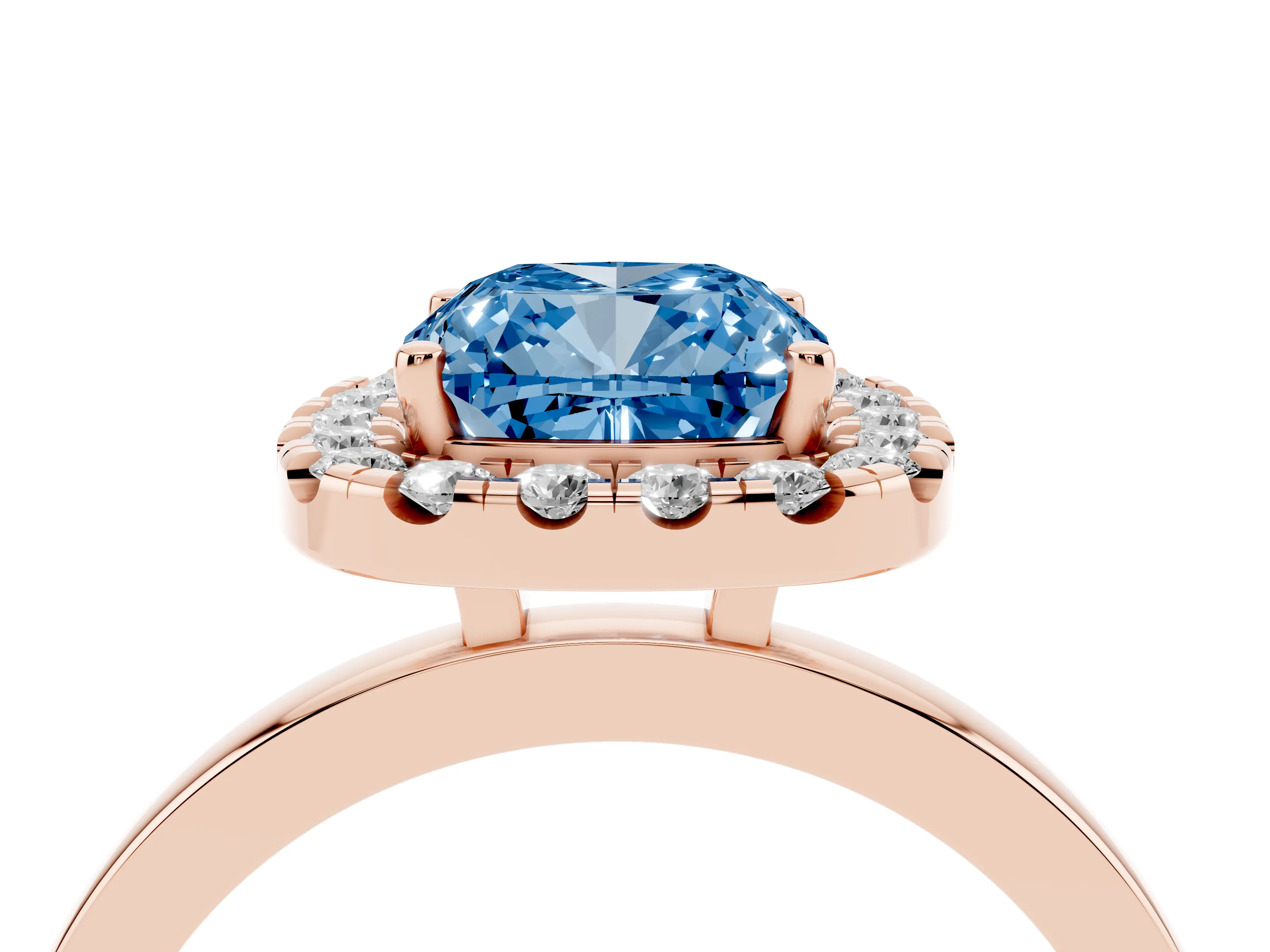 Fancy Blue Cushion Cut Diamond Halo Solitaire Ring Set in Rose gold with Pavé Band and Prong Setting