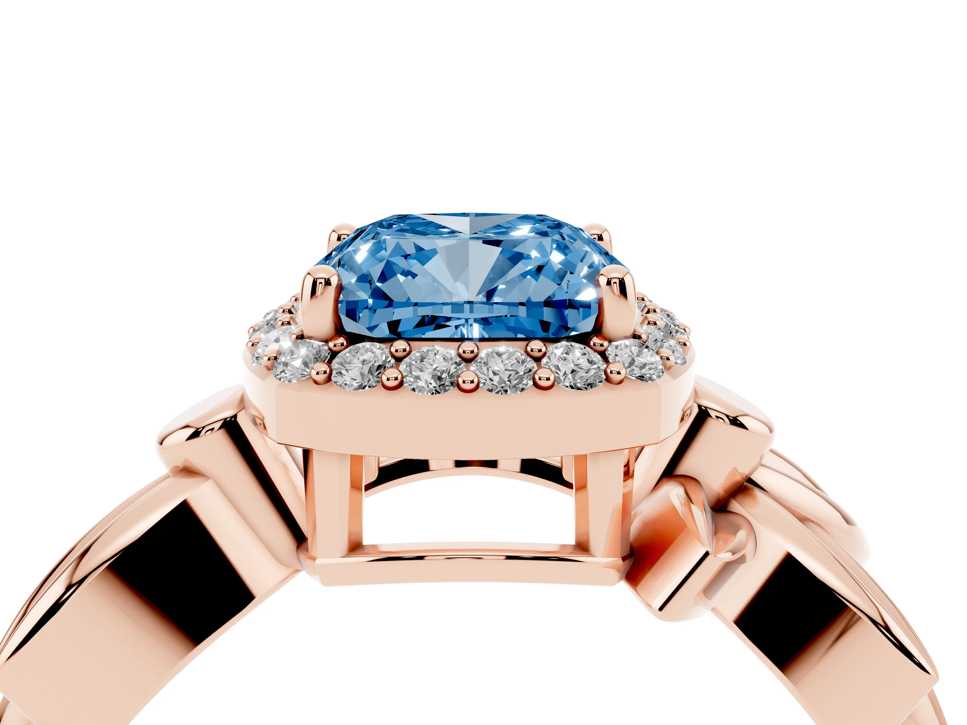Fancy Blue Cushion Cut Diamond Halo Floral Band Ring Set in Rose gold with Prong Setting