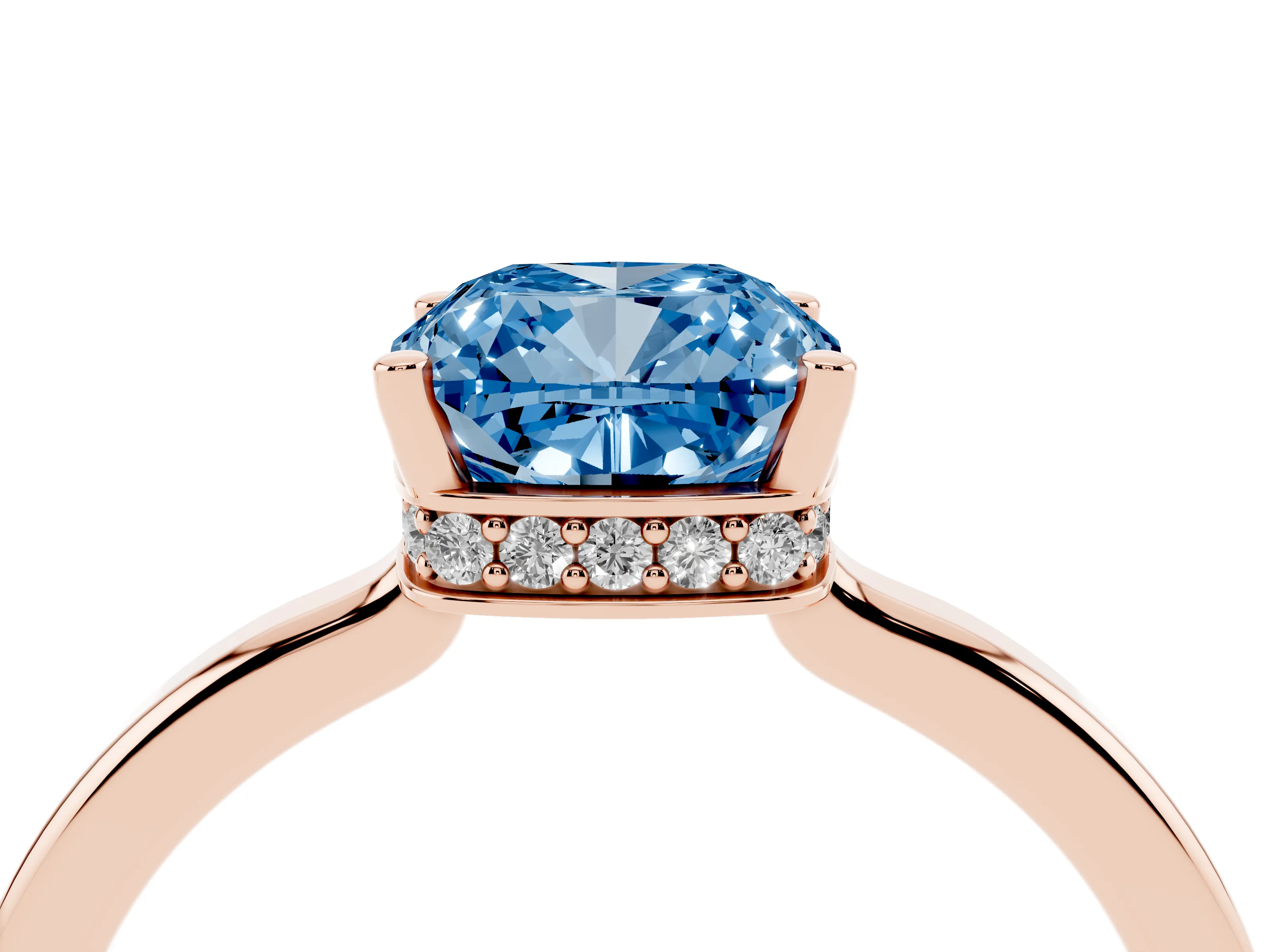 Fancy Blue Cushion Cut Diamond Solitaire Engagement Ring Set in Rose gold with Prong Setting on a Plain Band