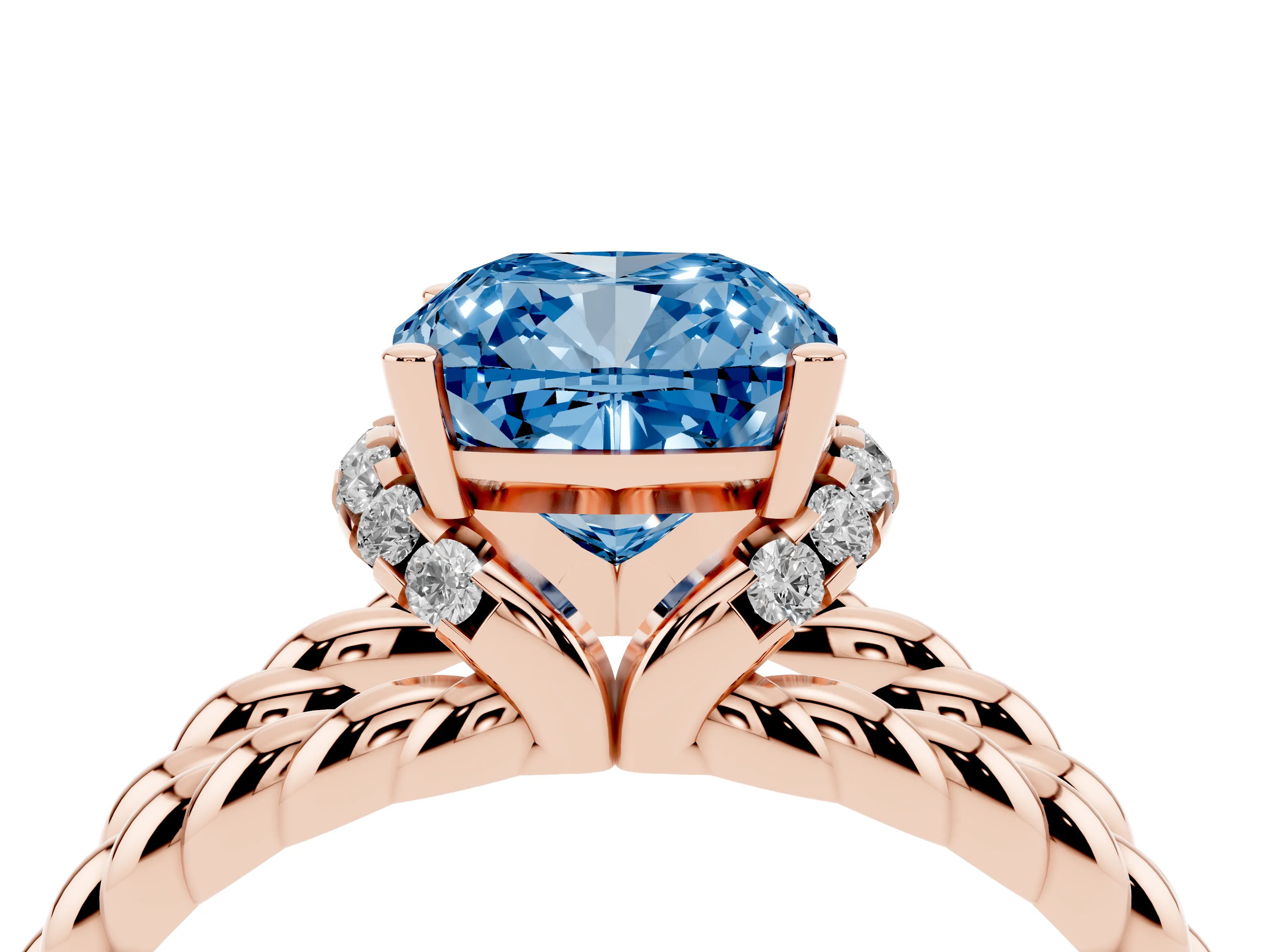 Fancy Blue Cushion Cut Diamond Halo Ring Set in Rose gold with Twisted Band and Prong Setting