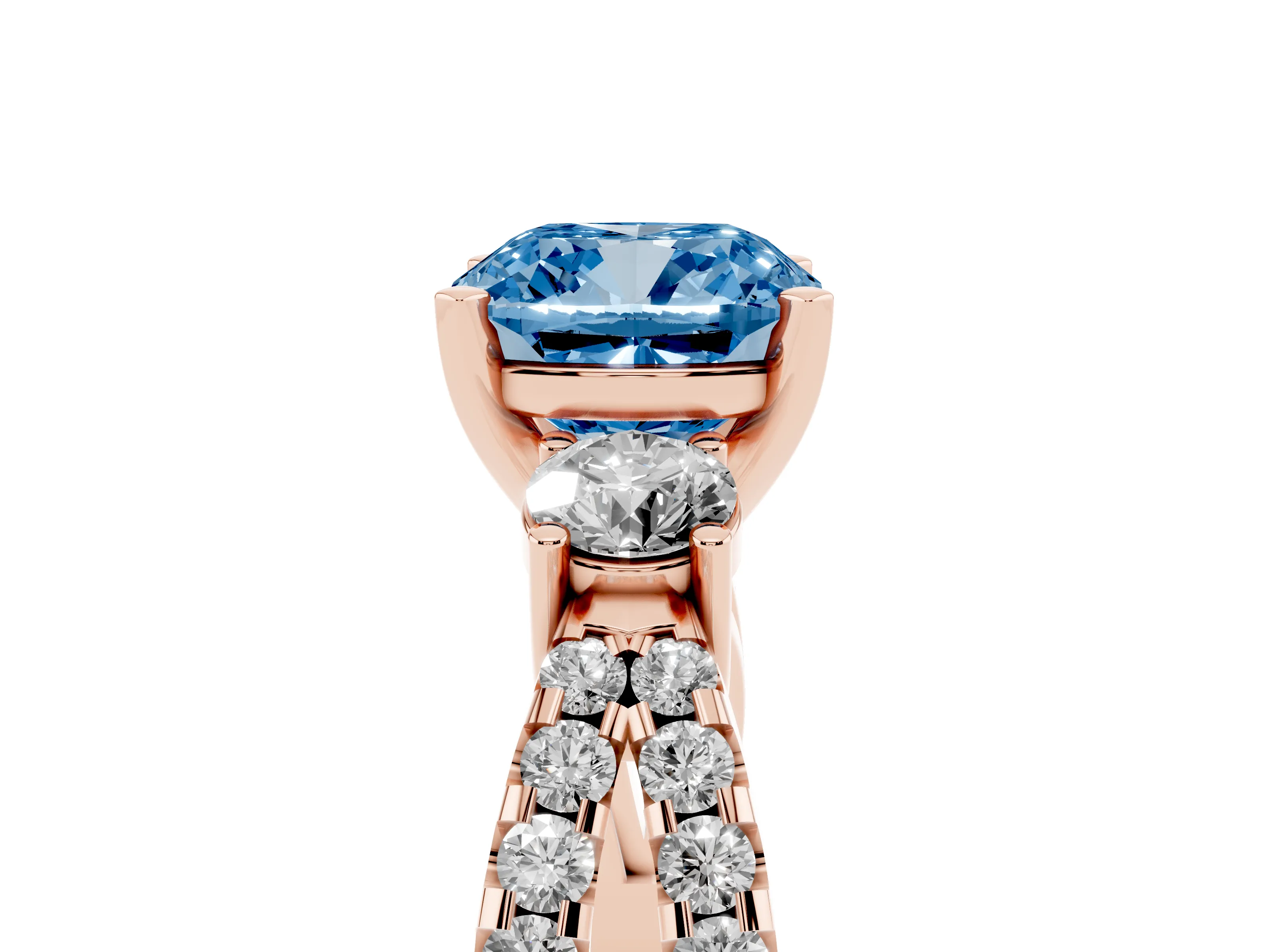Fancy Blue Cushion Cut Diamond Three-Stone Ring Set in Rose gold with Pavé Split Shank and Prong Setting