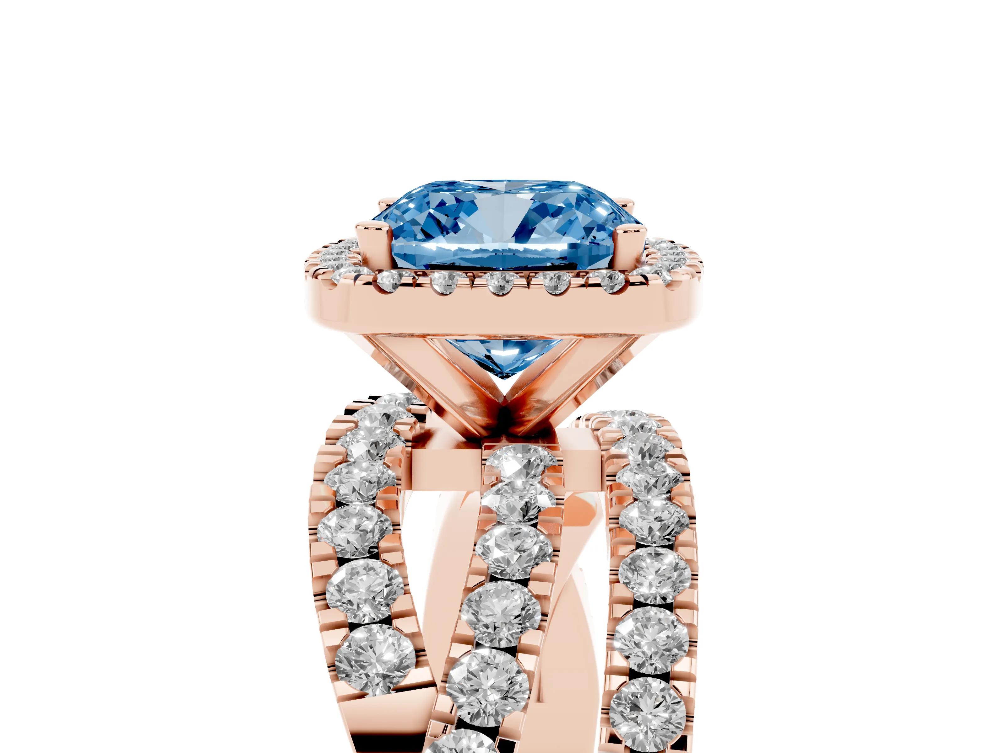Fancy Blue Cushion Cut Diamond Halo Ring Set in Rose gold with Round Crossover Split Shank and Prong Setting