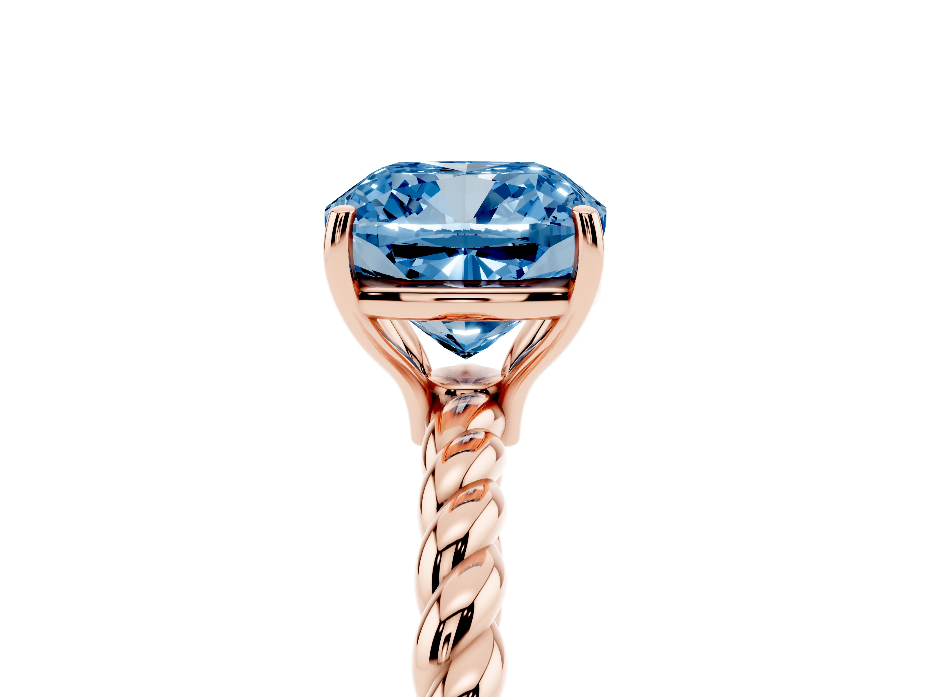 Fancy Blue Cushion Cut Diamond Solitaire Ring Set in Rose gold with Twist Band and Prong Setting
