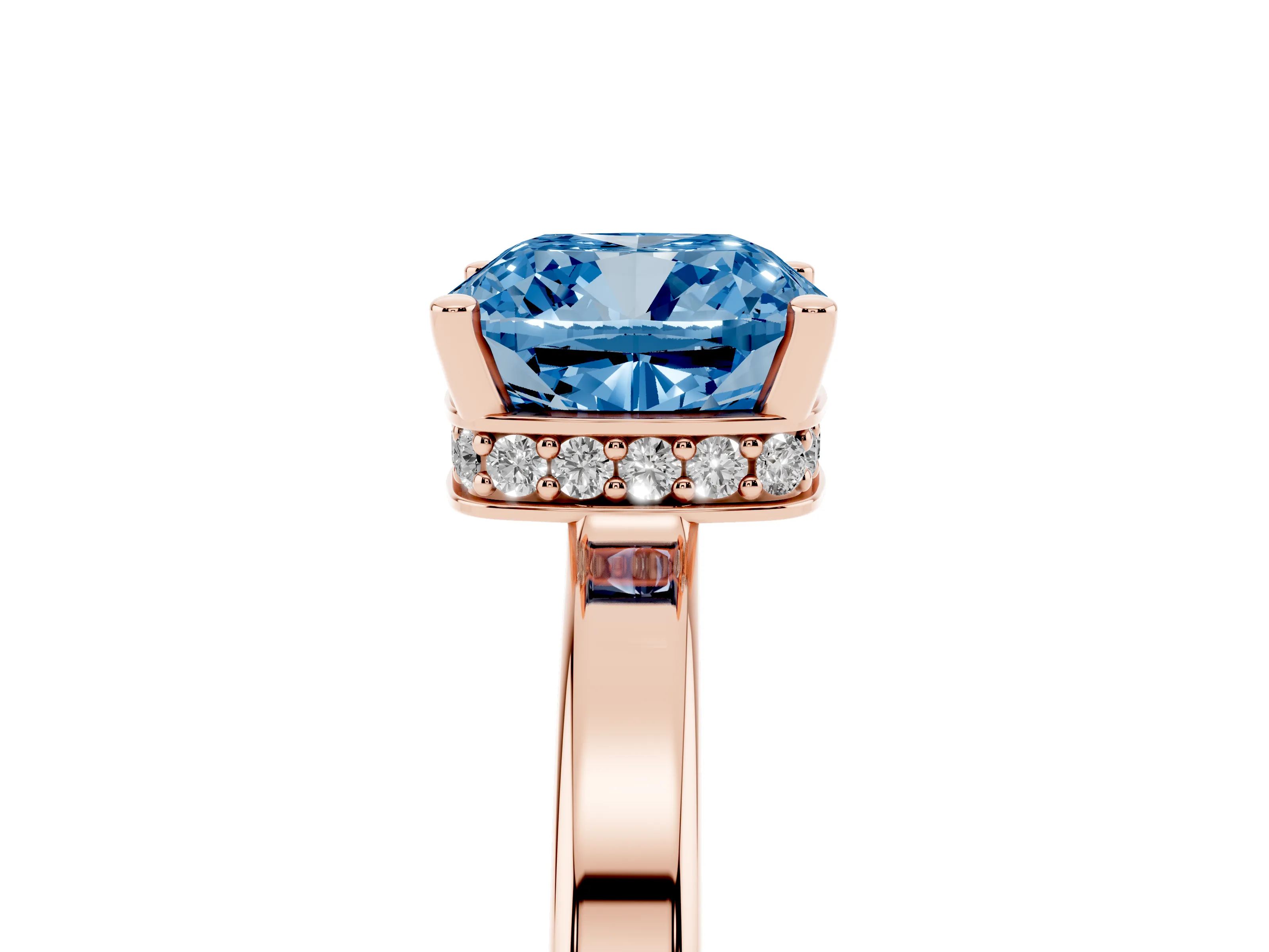 Fancy Blue Cushion Cut Diamond Solitaire Engagement Ring Set in Rose gold with Prong Setting on a Plain Band