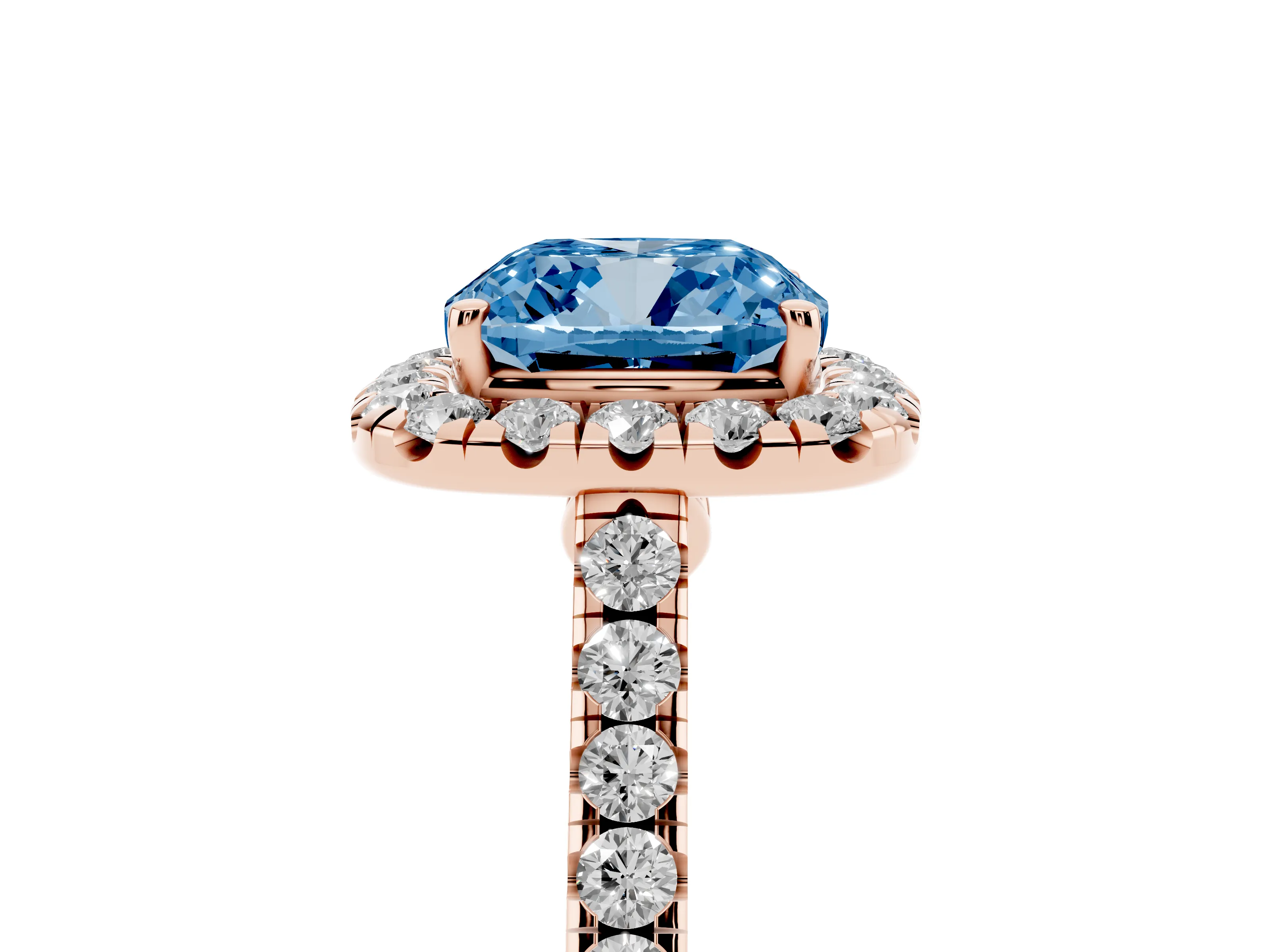 Fancy Blue Cushion Cut Diamond Halo Pavé Engagement Ring Set in Rose gold with Prong Setting