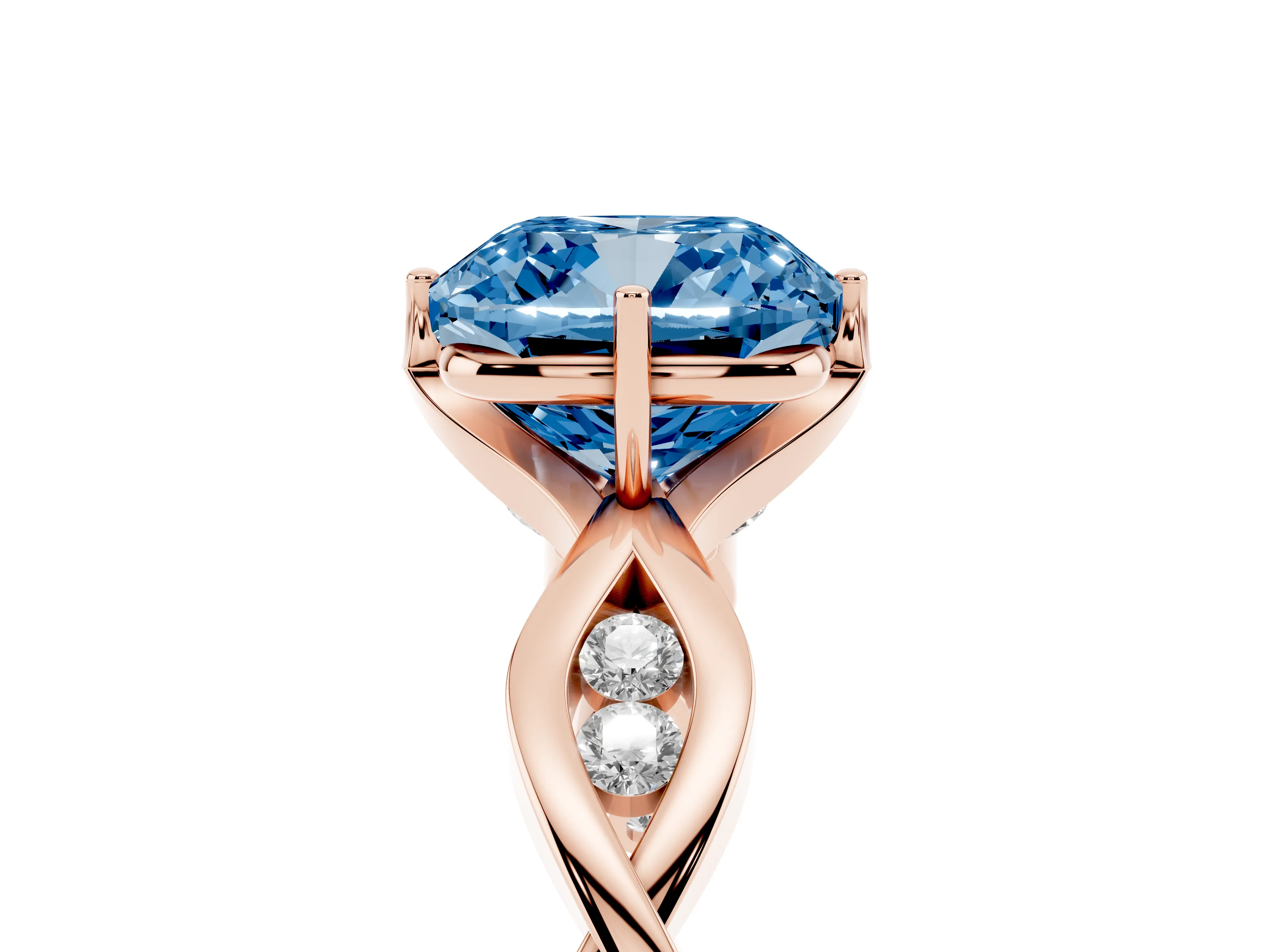 Fancy Blue Cushion Cut Diamond Twist Band Solitaire Ring Set in Rose gold with Leaf Prong Setting and Accent Stones