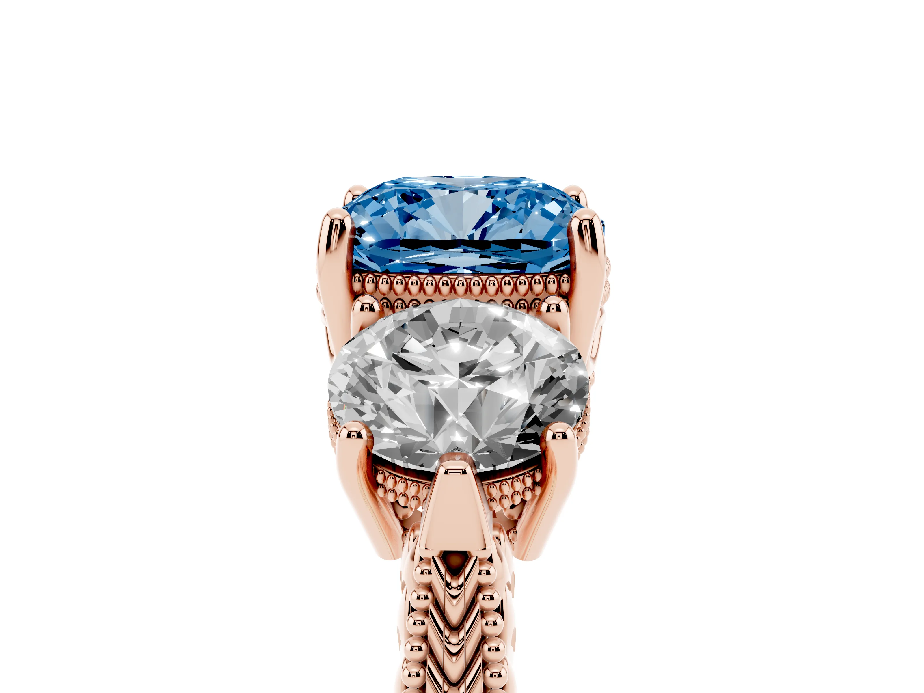 Fancy Blue Cushion Cut Diamond Three-Stone Ring Set in Rose gold with Milgrain Band