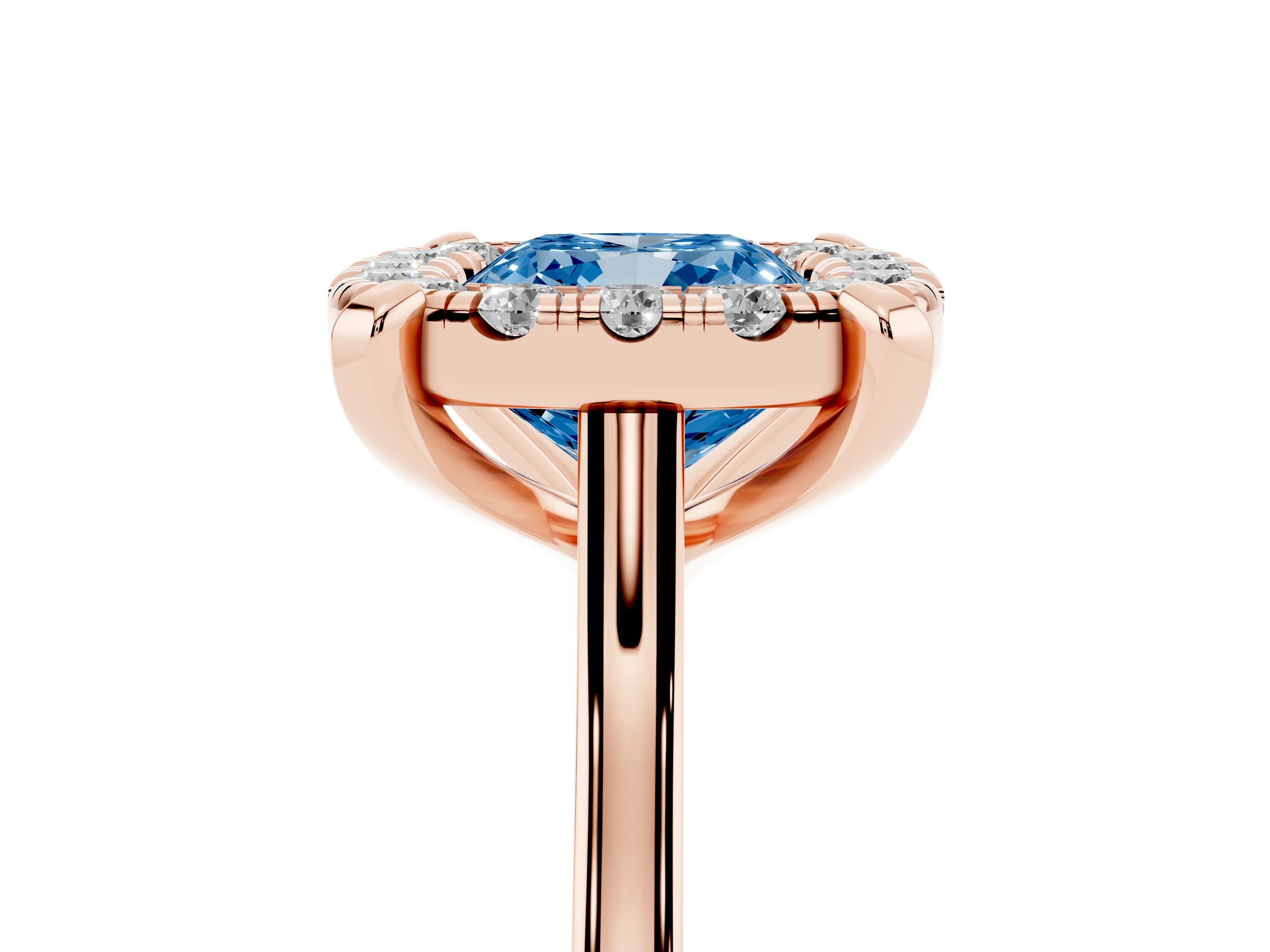 Fancy Blue Cushion Cut Diamond Cluster Halo Solitaire Ring Set in Rose gold with Prong Setting