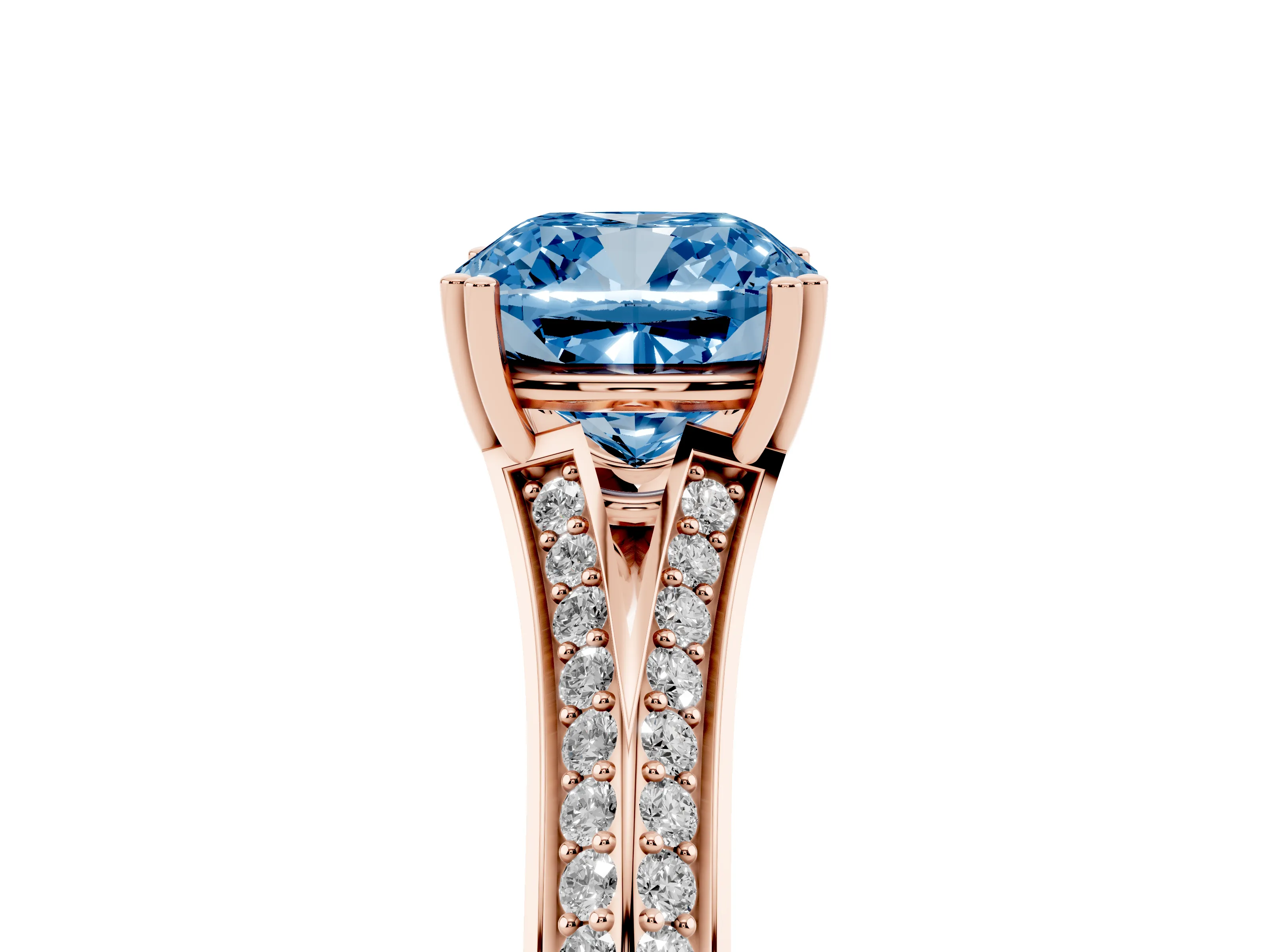 Fancy Blue Cushion Cut Diamond Split Shank Pavé Engagement Ring Set in Rose gold with Prong-Set Center Stone