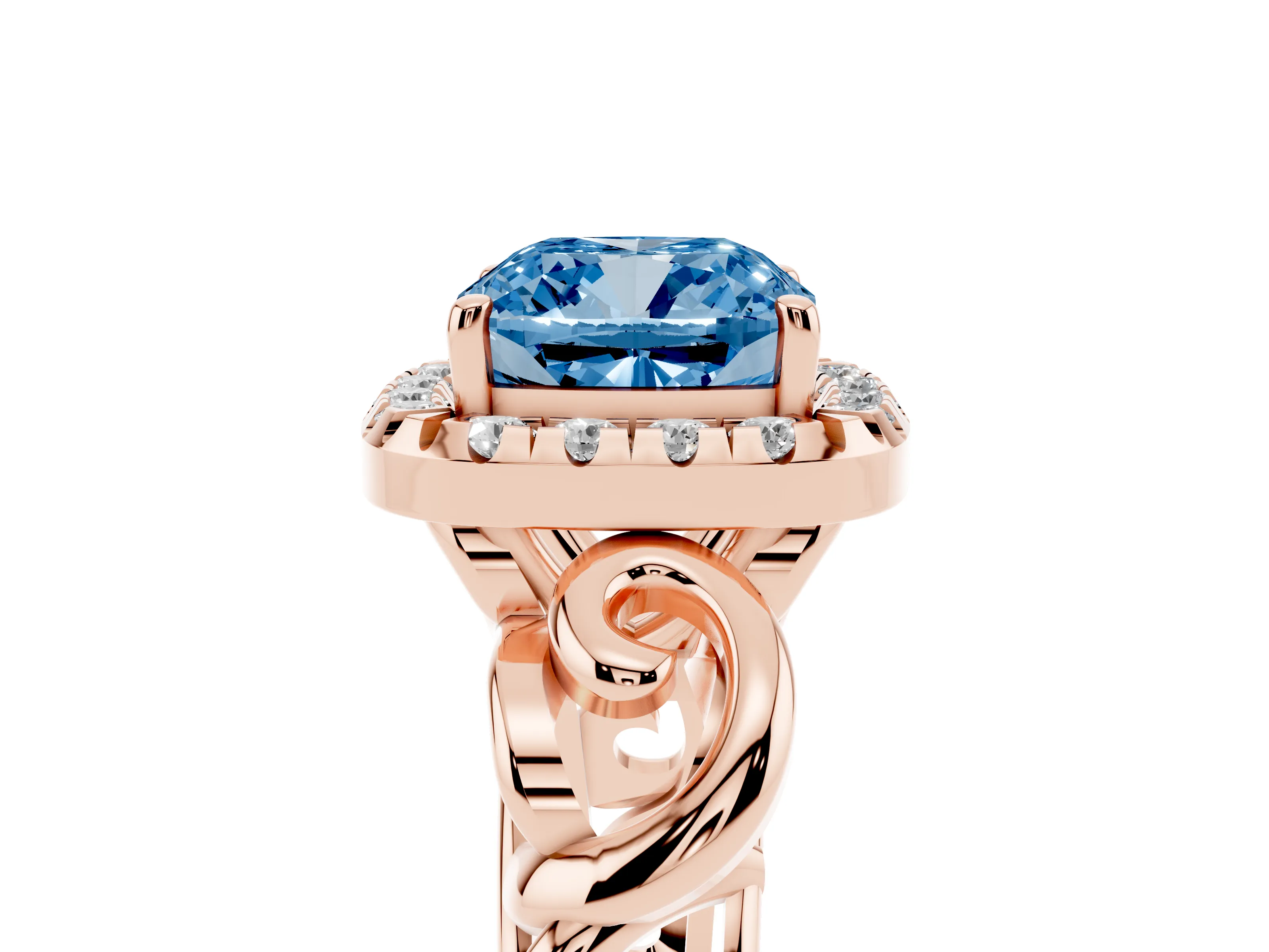 Fancy Blue Cushion Cut Diamond Halo Ring Set in Rose gold with Scrollwork Band and Prong Setting