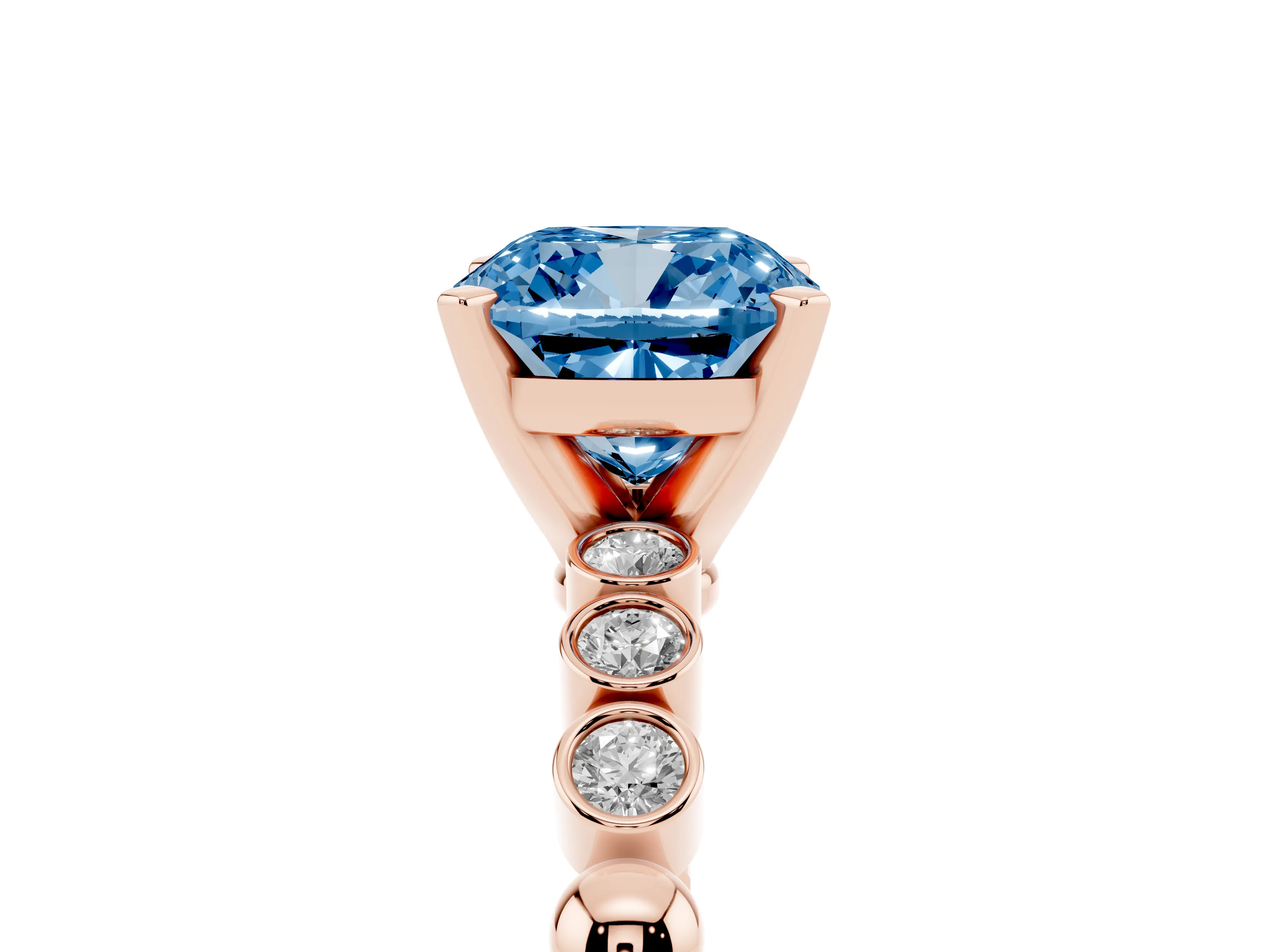Fancy Blue Cushion Cut Diamond Solitaire Engagement Ring Set in Rose gold with Bezel Accents on Beaded Band