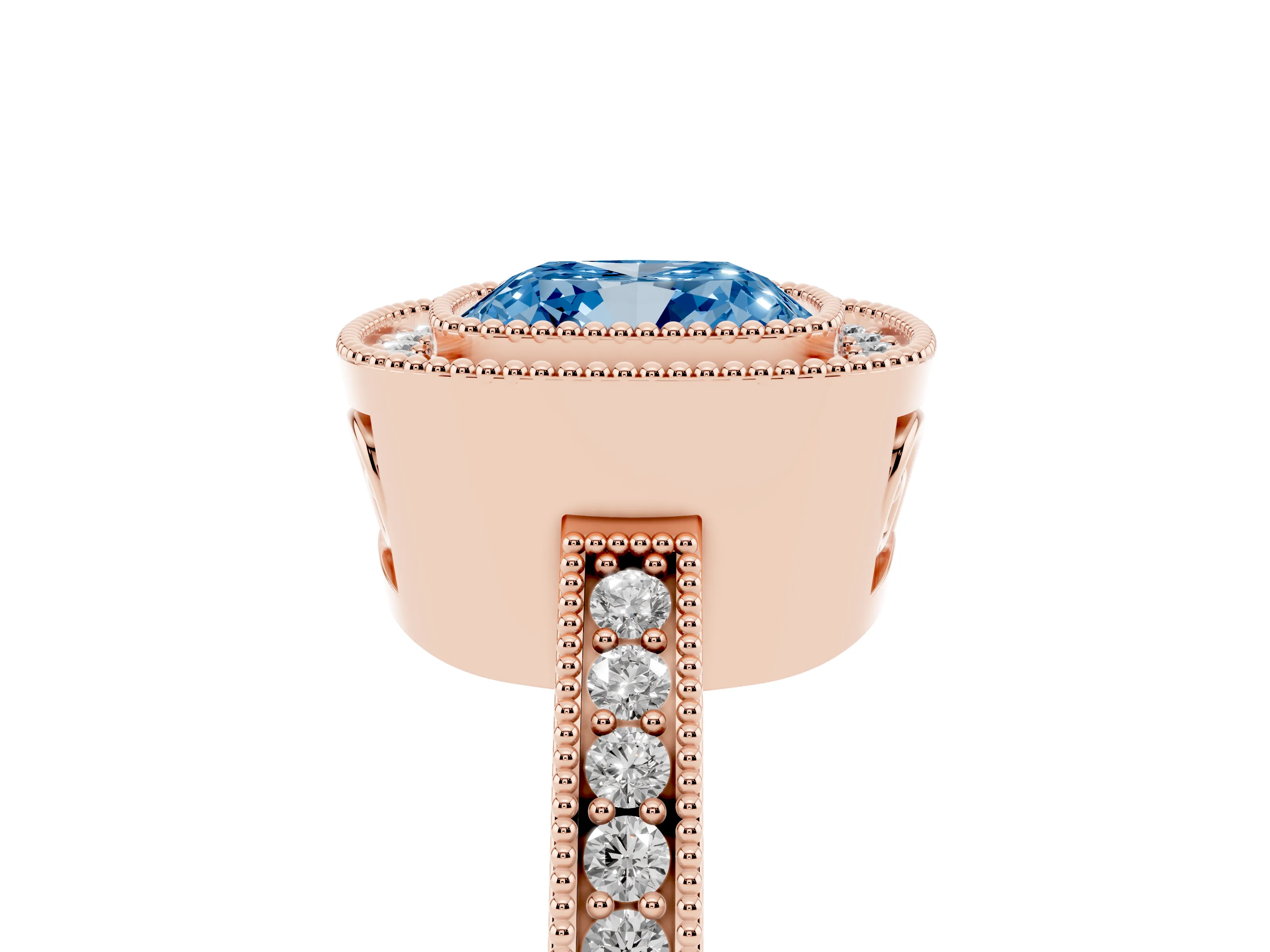 Fancy Blue Cushion Cut Diamond Round Halo Ring Set in Rose gold with Pavé Band